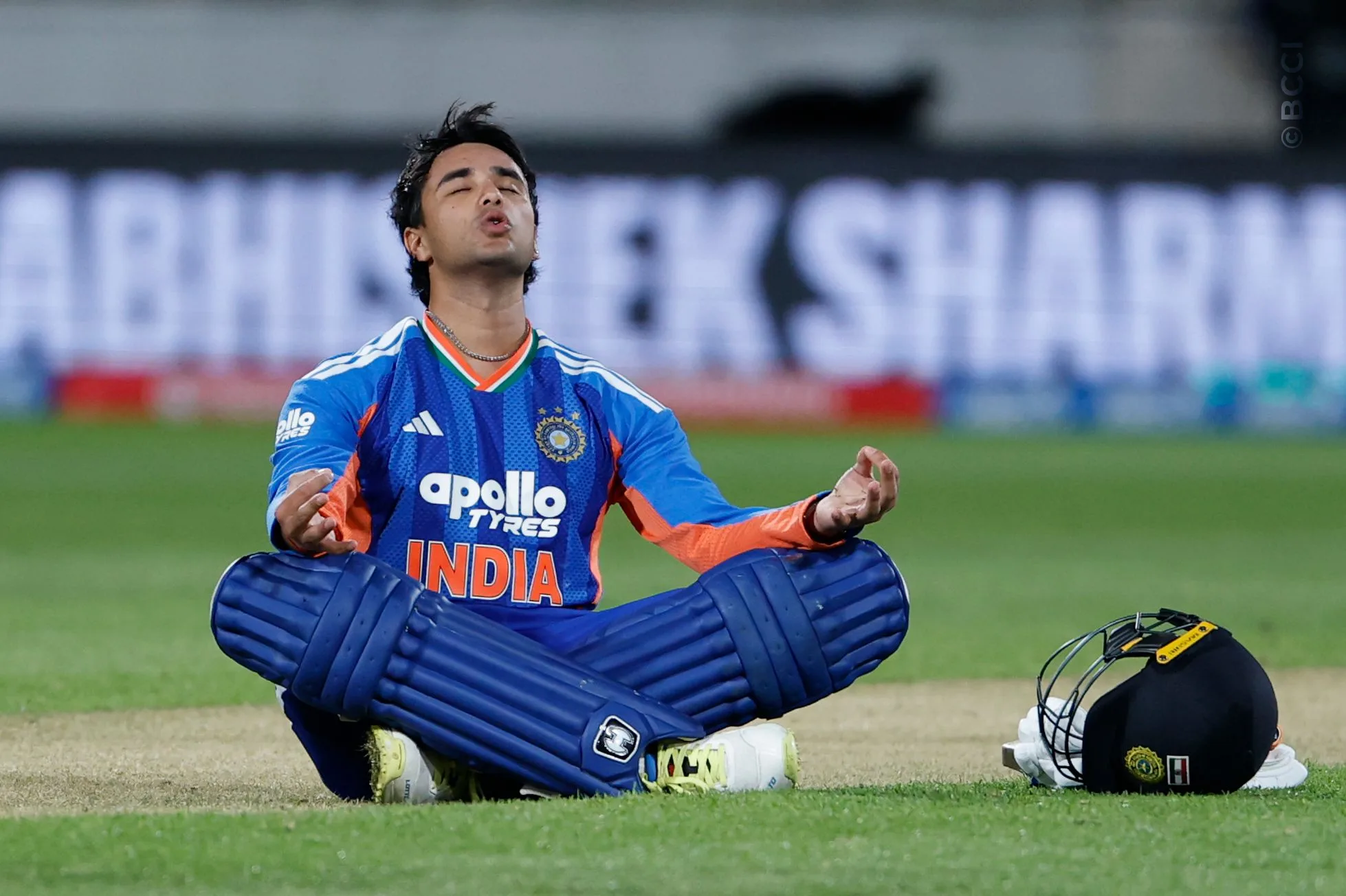 Abhishek Sharma of India raises his after scoring a hundred during the 3rd T20I match between New Zealand and India at the Hnry Stadium, Wellington, New Zealand on October 27, 2026.Photo: Surjeet Yadav / CREIMAS for BCCI