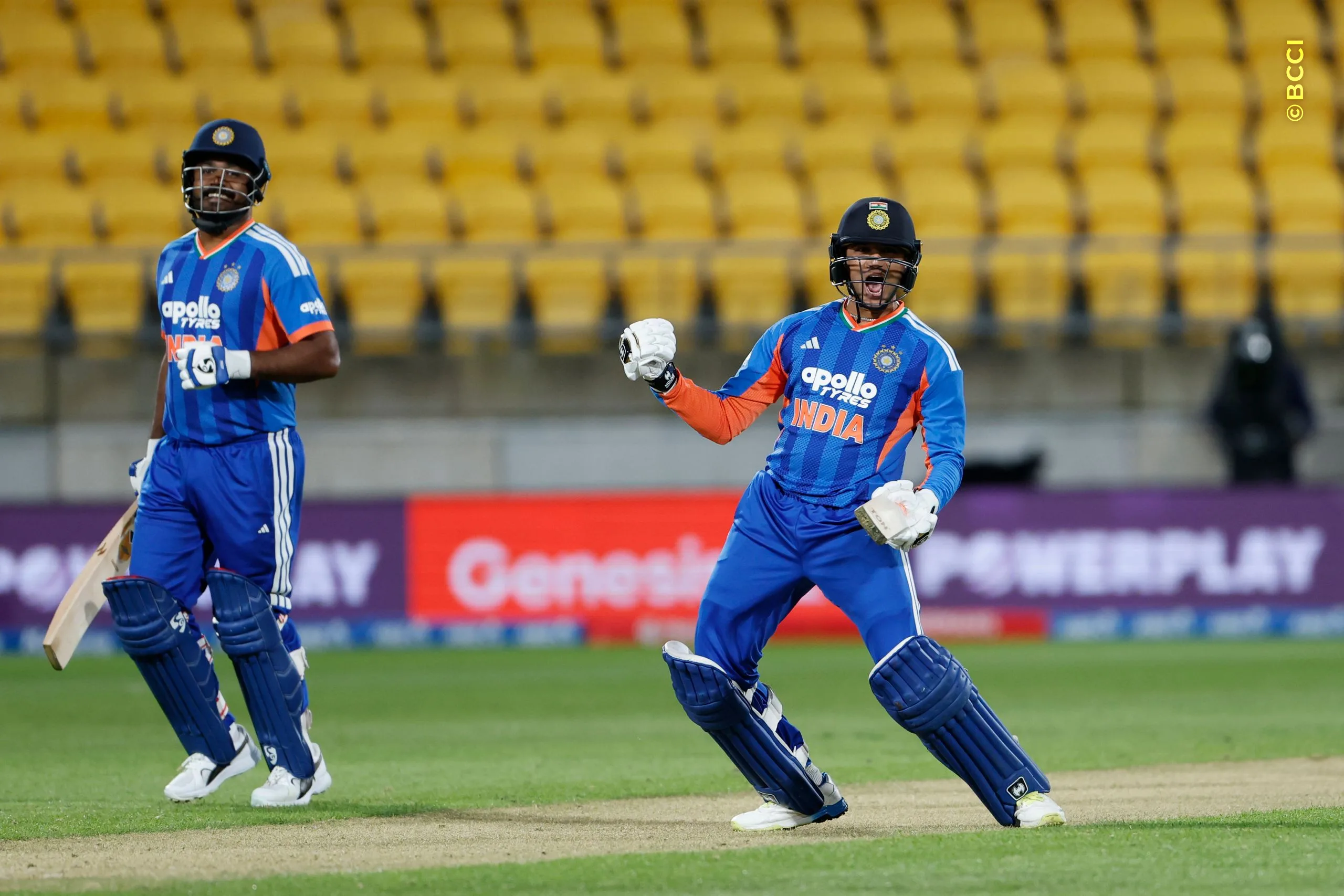 Abhishek Sharma of India raises his after scoring a hundred during the 3rd T20I match between New Zealand and India at the Hnry Stadium, Wellington, New Zealand on October 27, 2026.Photo: Surjeet Yadav / CREIMAS for BCCI