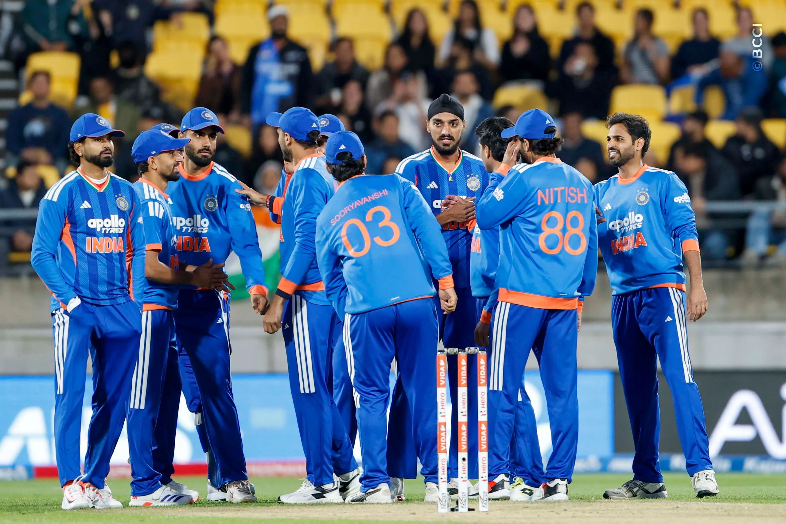 Arshdeep Singh of India celebrates the wicket of  Tim Seifert of New Zealand during the 3rd T20I match between New Zealand and India at the Hnry Stadium, Wellington, New Zealand on October 27, 2026.Photo: Surjeet Yadav / CREIMAS for BCCI