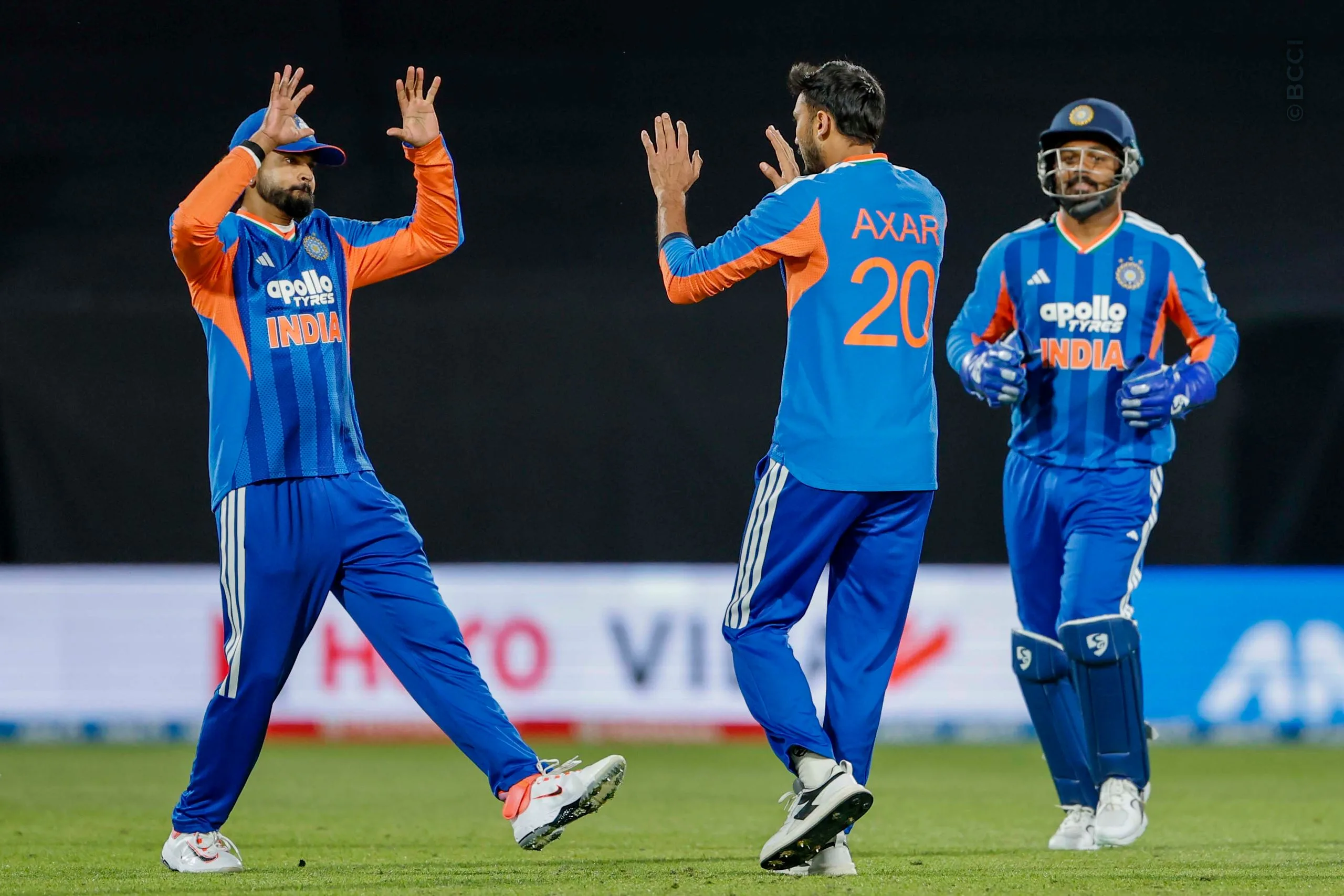 Axar Patel of India celebrates the wicket of Glenn Phillips of New Zealand during the 3rd T20I match between New Zealand and India at the Hnry Stadium, Wellington, New Zealand on October 27, 2026.Photo: Surjeet Yadav / CREIMAS for BCCI