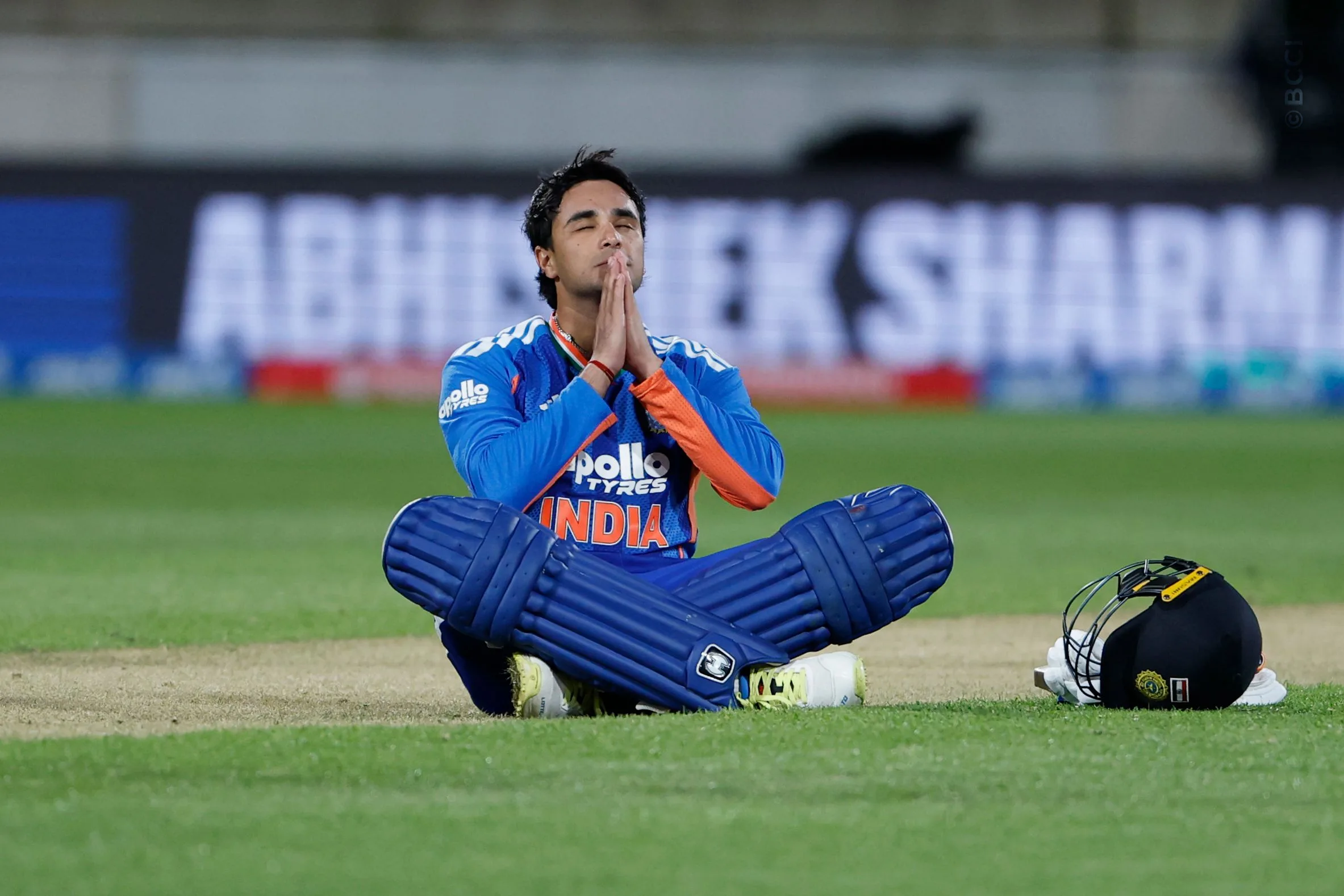Abhishek Sharma of India raises his after scoring a hundred during the 3rd T20I match between New Zealand and India at the Hnry Stadium, Wellington, New Zealand on October 27, 2026.Photo: Surjeet Yadav / CREIMAS for BCCI