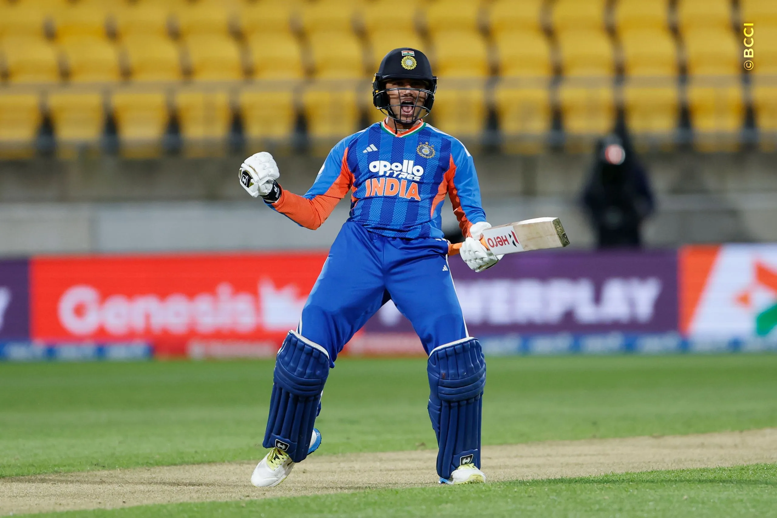 Abhishek Sharma of India raises his after scoring a hundred during the 3rd T20I match between New Zealand and India at the Hnry Stadium, Wellington, New Zealand on October 27, 2026.Photo: Surjeet Yadav / CREIMAS for BCCI