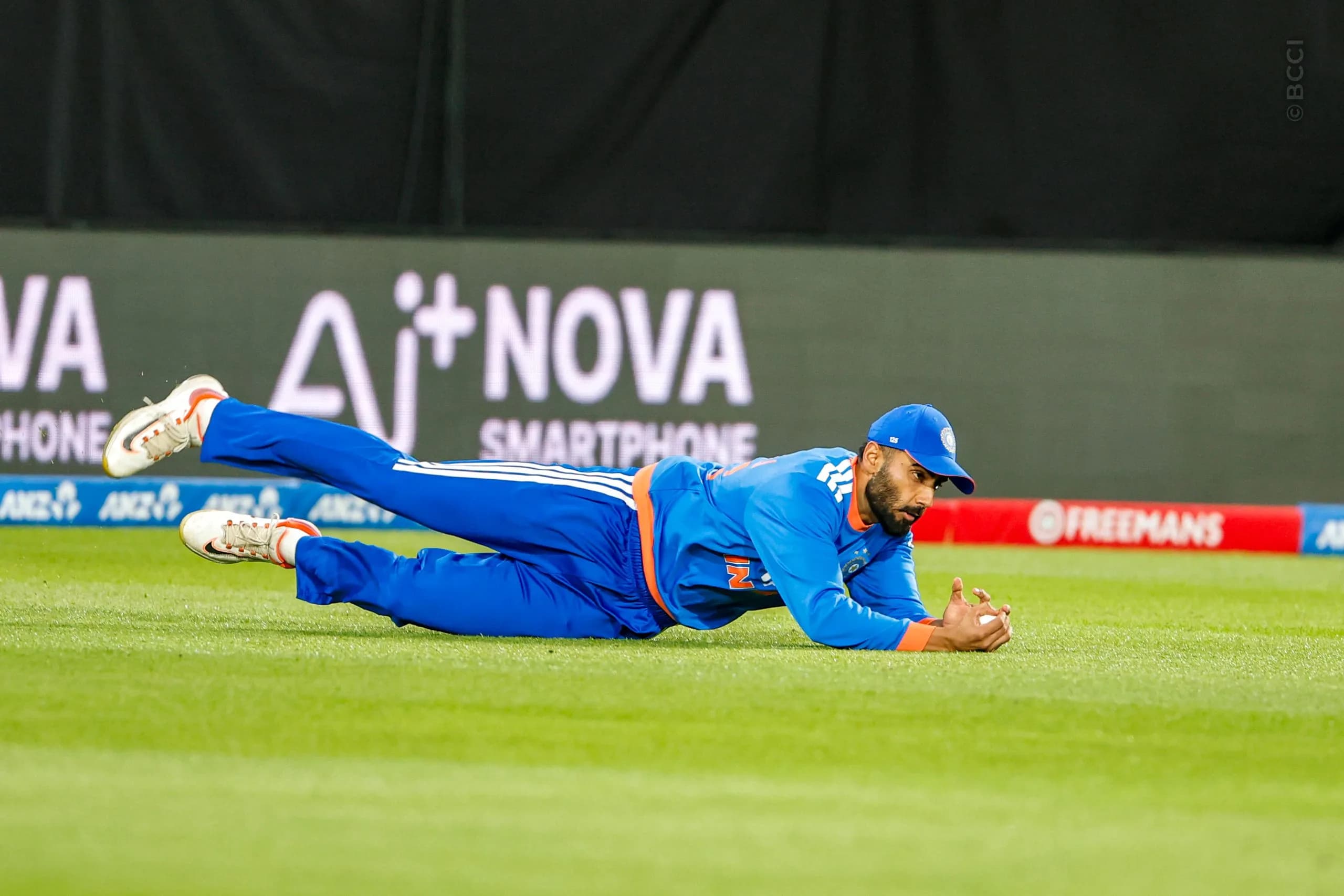 Naman Dhir of India take a catch of  Finn Allen of New Zealand during the 3rd T20I match between New Zealand and India at the Hnry Stadium, Wellington, New Zealand on October 27, 2026.Photo: Surjeet Yadav / CREIMAS for BCCI