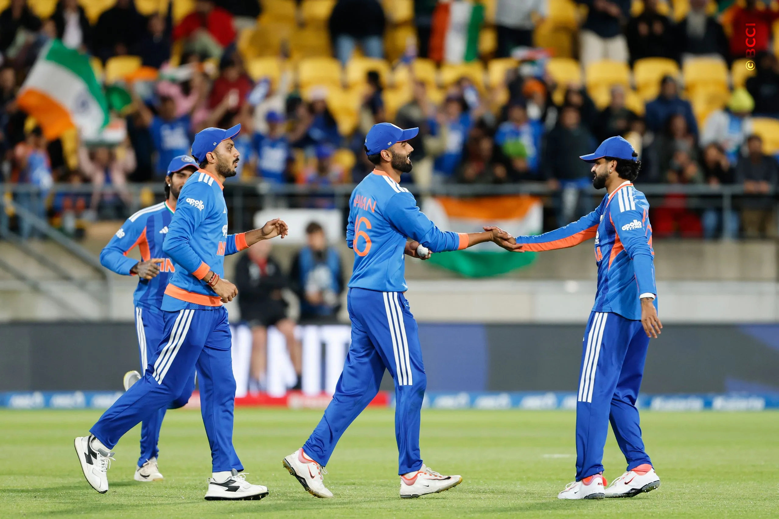 Naman Dhir of India celebrates the wicket of  Finn Allen of New Zealand during the 3rd T20I match between New Zealand and India at the Hnry Stadium, Wellington, New Zealand on October 27, 2026.Photo: Surjeet Yadav / CREIMAS for BCCI
