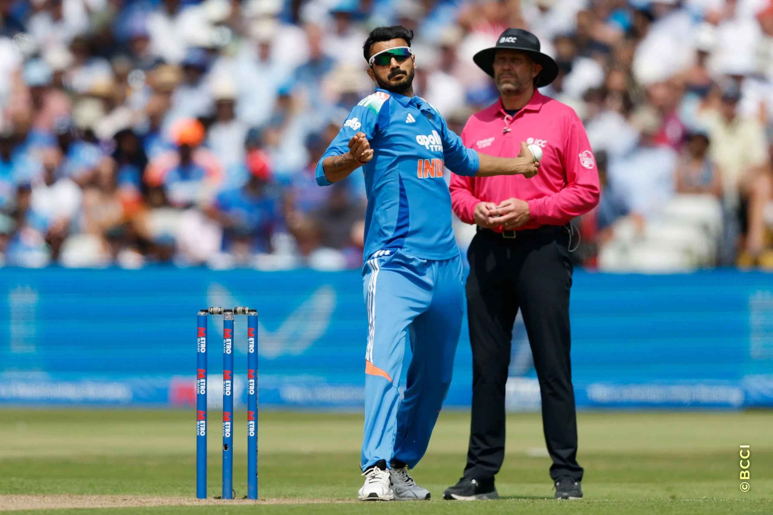 Axar Patel of India bowls during the 1st ODI match between England and India at the Edgbaston, Birmingham, England on July 14, 2026.Photo: Deepak Malik / CREIMAS for BCCI