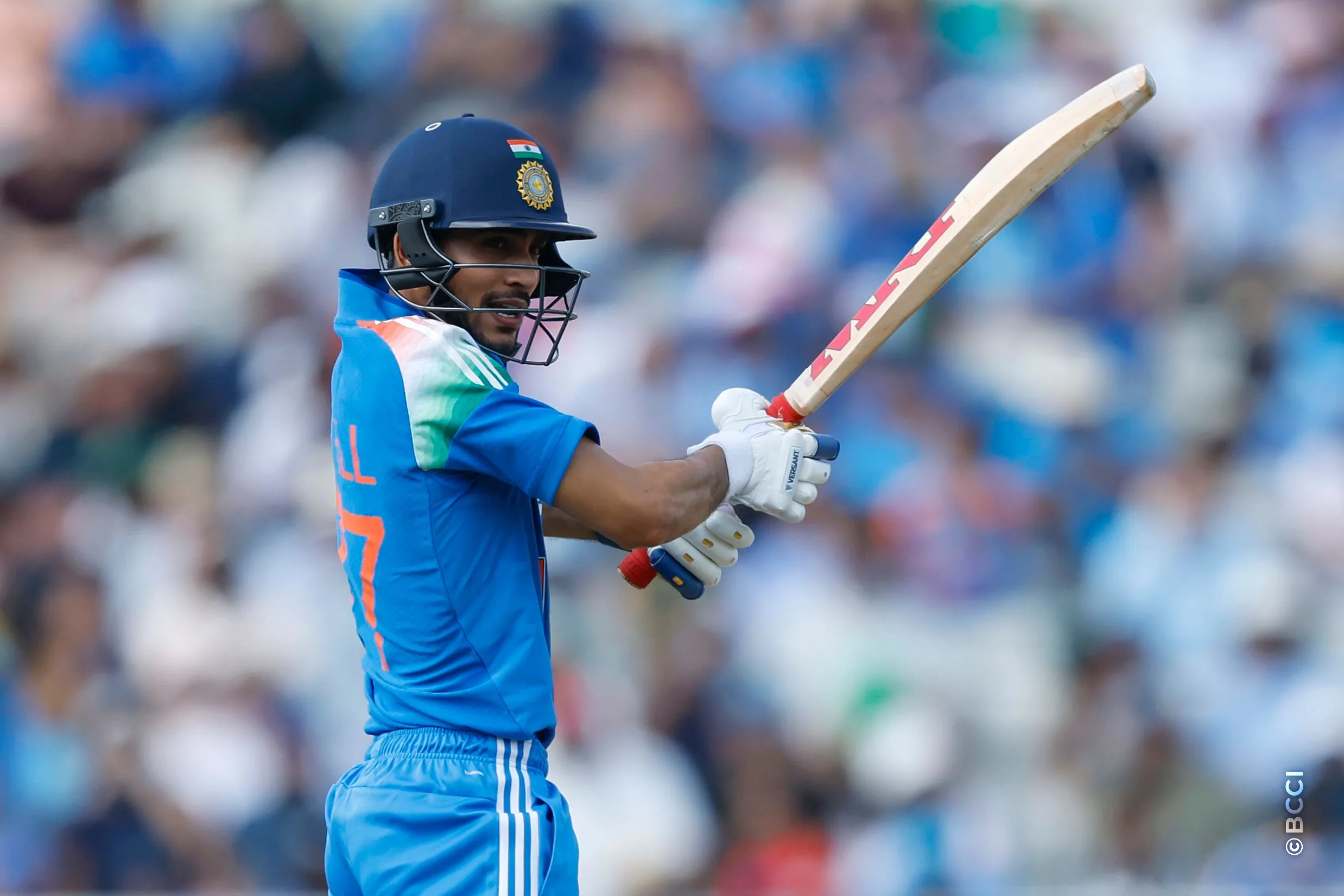 Shubman Gill (C) of India plays a shot during the 1st ODI match between England and India at the Edgbaston, Birmingham, England on July 14, 2026.Photo: Deepak Malik / CREIMAS for BCCI