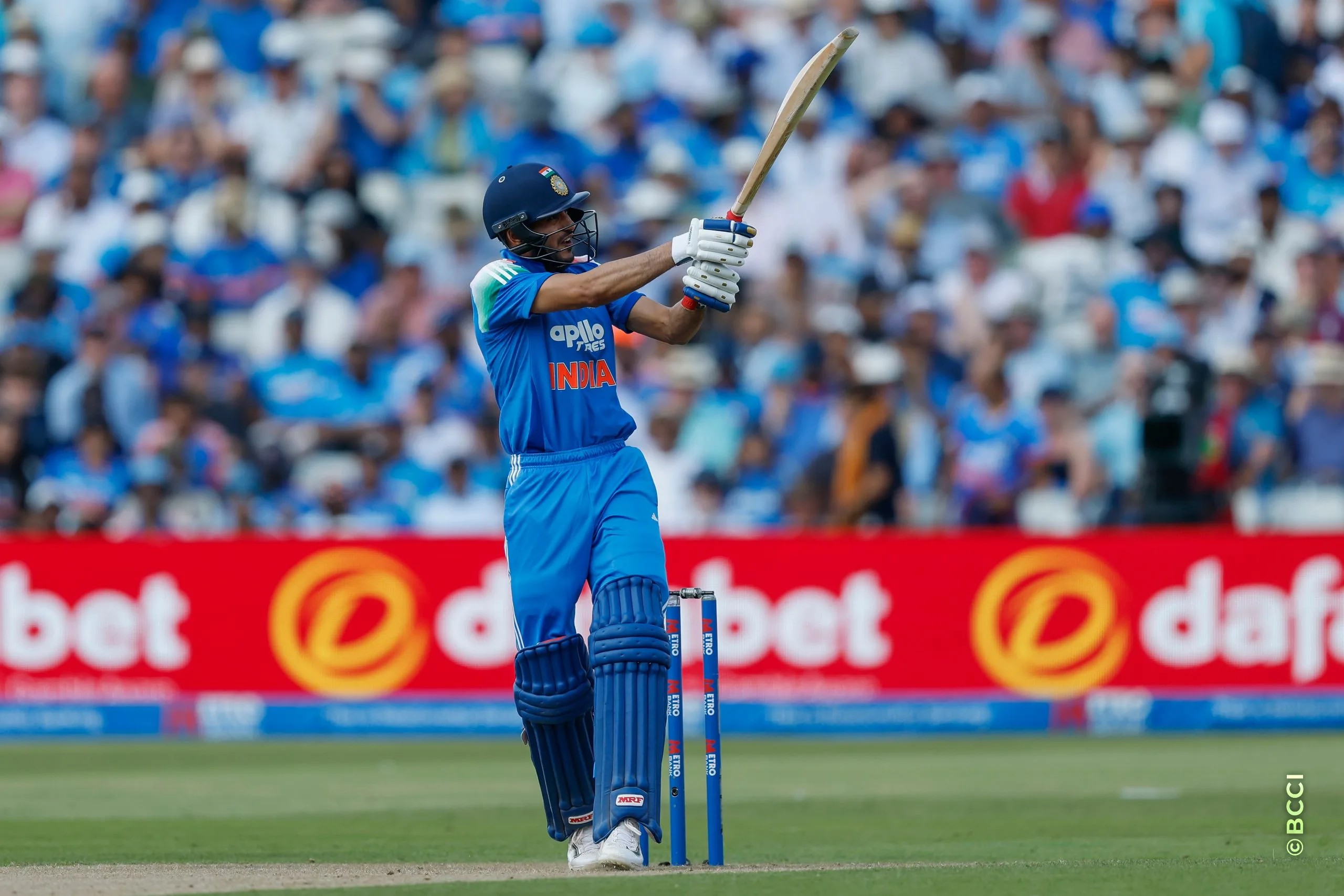 Shubman Gill (C) of India plays a shot during the 1st ODI match between England and India at the Edgbaston, Birmingham, England on July 14, 2026.Photo: Deepak Malik / CREIMAS for BCCI