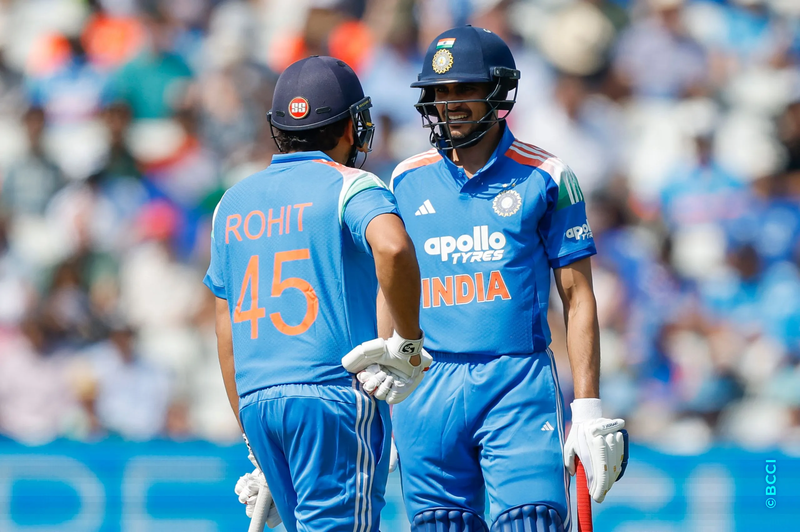 Rohit Sharma and Shubman Gill (C) of India during the 1st ODI match between England and India at the Edgbaston, Birmingham, England on July 14, 2026.Photo: Deepak Malik / CREIMAS for BCCI