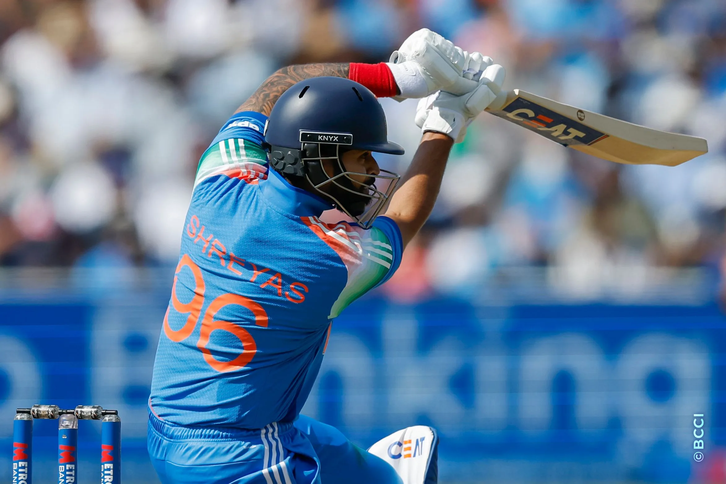 Shreyas Iyer of India plays a shot during the 1st ODI match between England and India at the Edgbaston, Birmingham, England on July 14, 2026.Photo: Deepak Malik / CREIMAS for BCCI