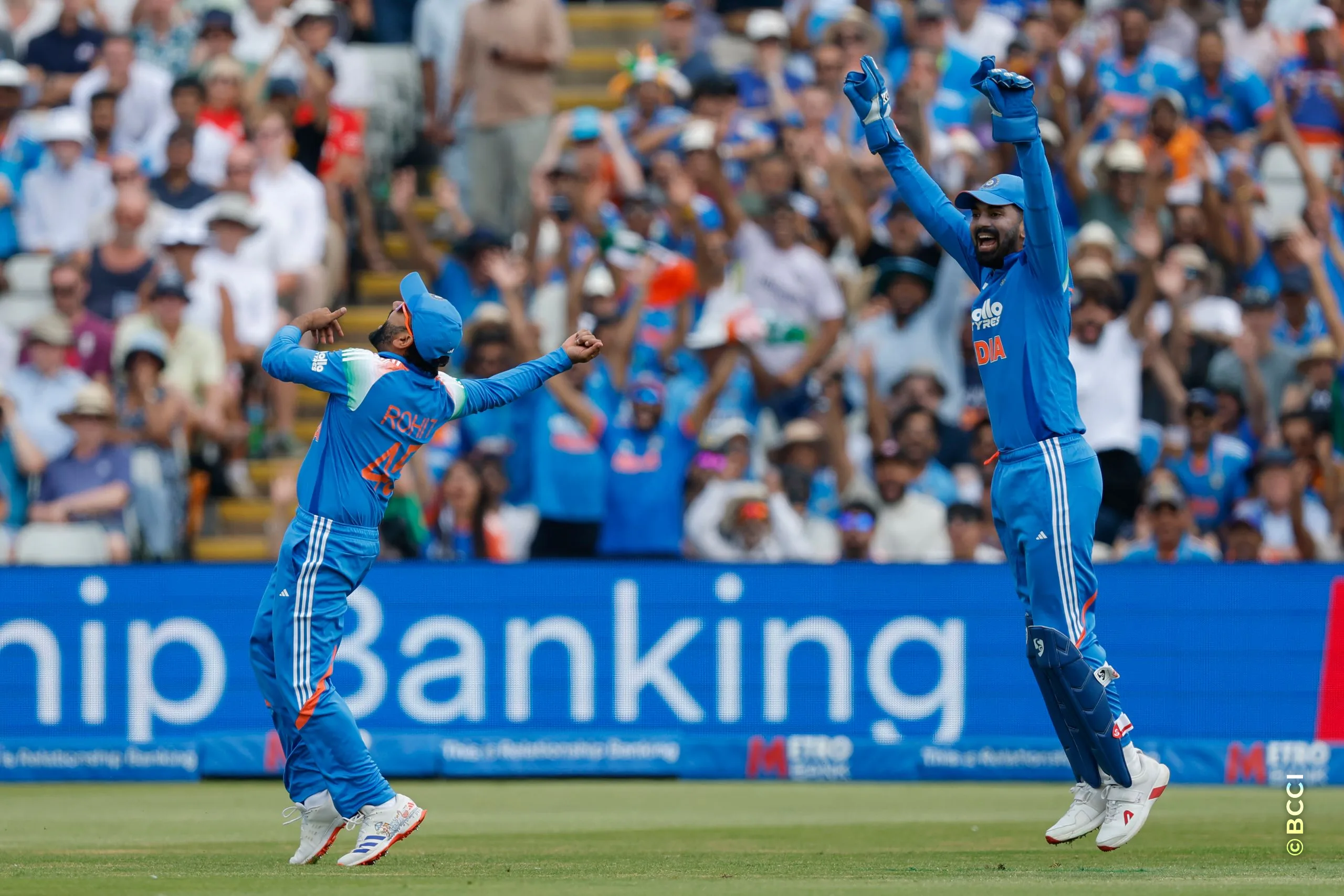 Rohit Sharma and KL Rahul of India celebrate the wicket of Harry Brook during the 1st ODI match between England and India at the Edgbaston, Birmingham, England on July 14, 2026.Photo: Deepak Malik / CREIMAS for BCCI