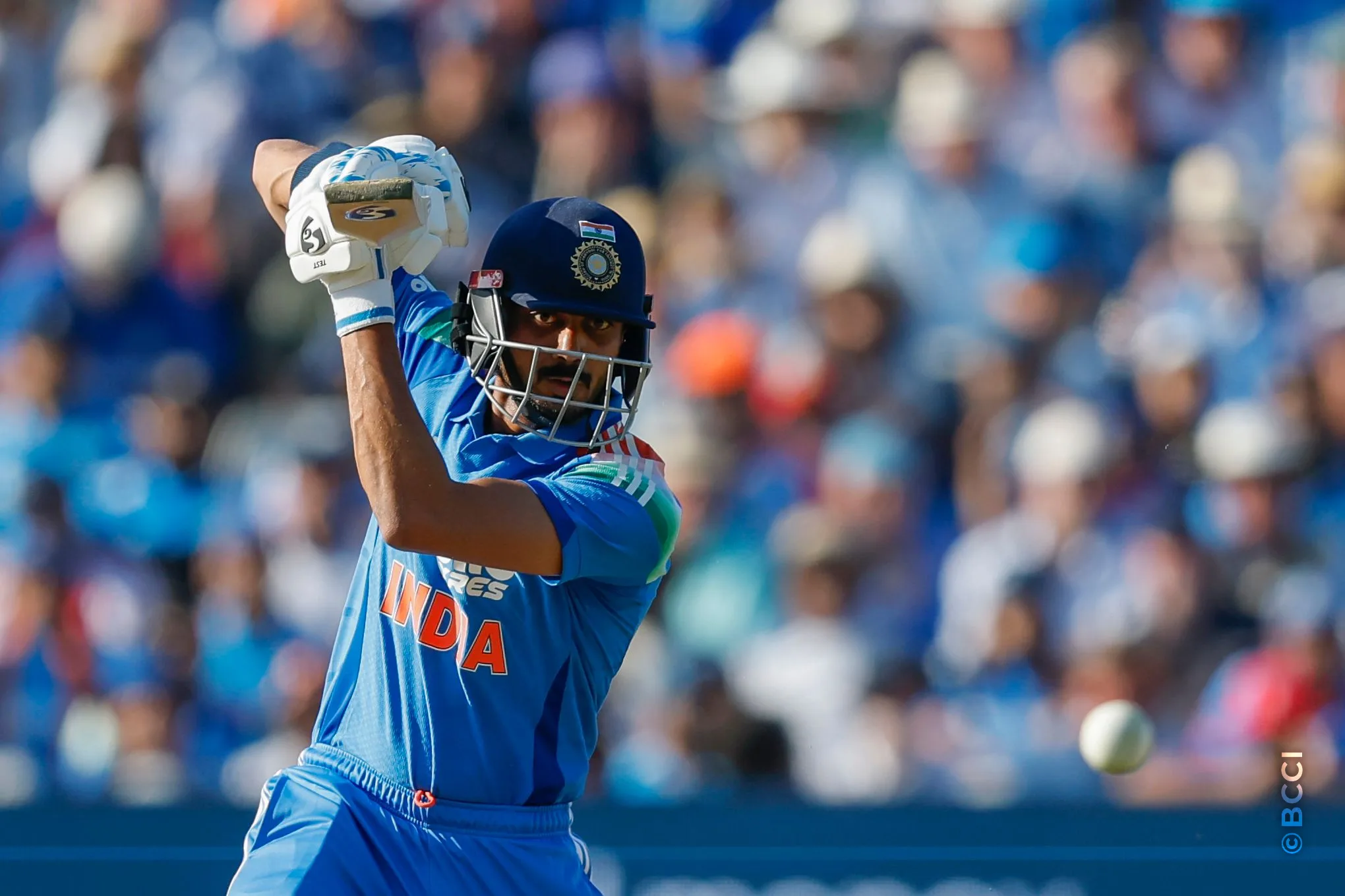 Axar Patel of India plays a shot during the 1st ODI match between England and India at the Edgbaston, Birmingham, England on July 14, 2026.Photo: Deepak Malik / CREIMAS for BCCI