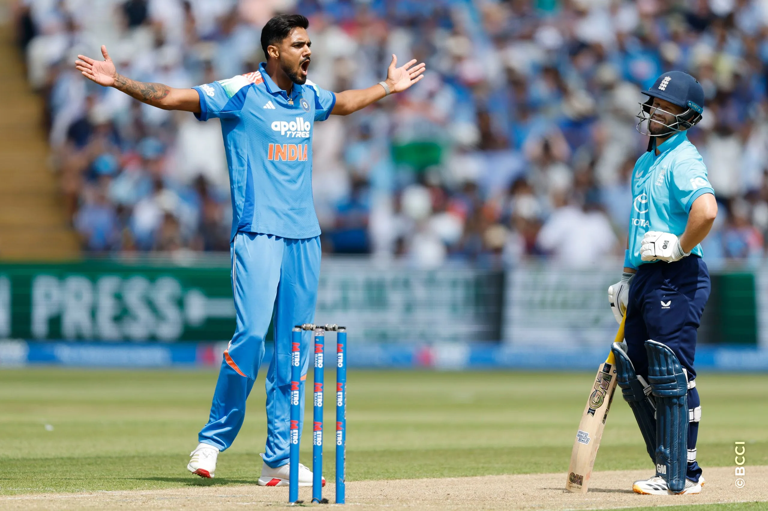 Gurnoor Brar of India celebrates the wicket of Ben Duckett during the 1st ODI match between England and India at the Edgbaston, Birmingham, England on July 14, 2026.Photo: Deepak Malik / CREIMAS for BCCI