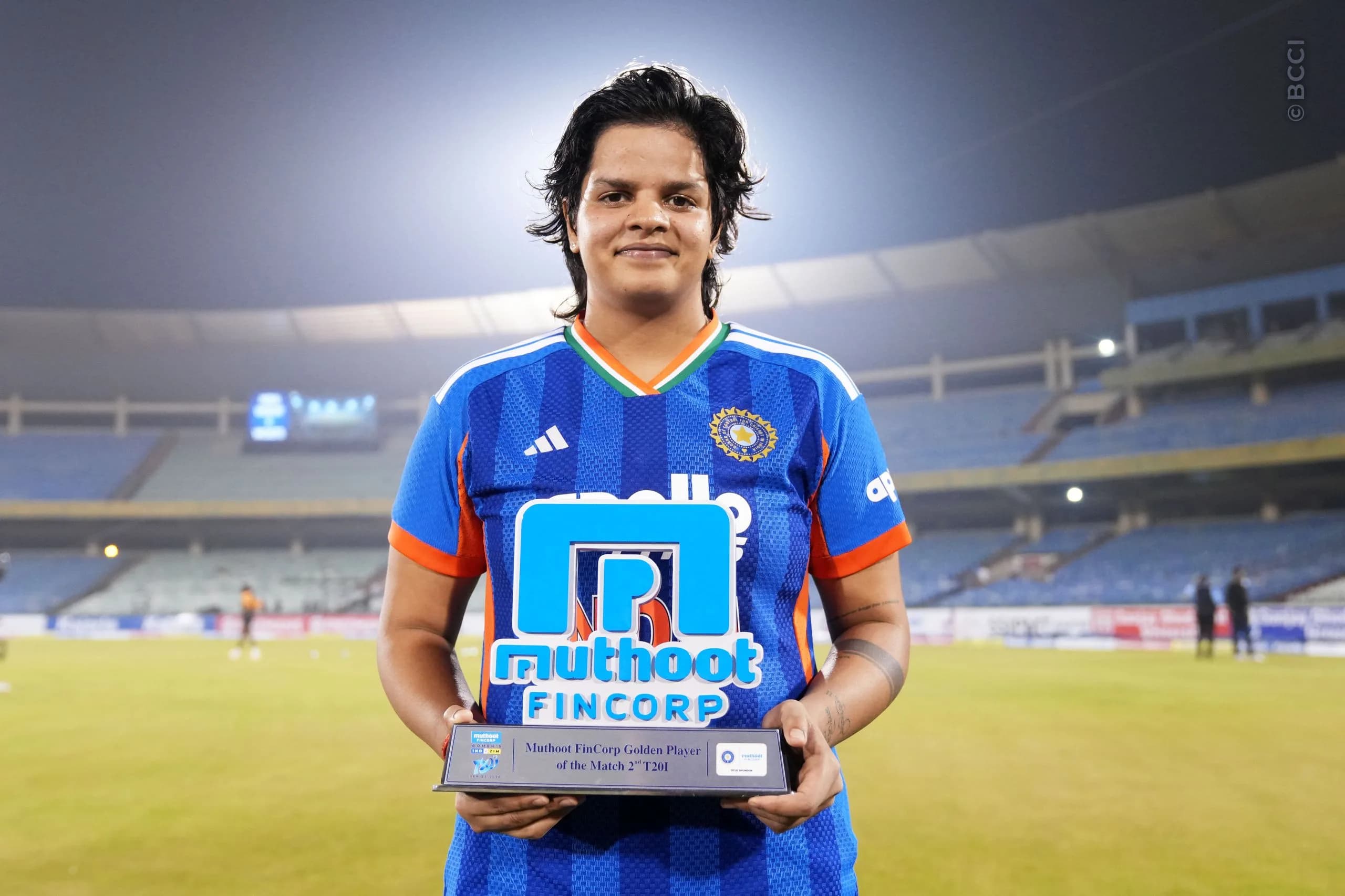 Shafali Verma (VC) of India receives Muthoot Fincorp Golden Player of the match award during the 2nd T20I match between India Women and Zimbabwe Women at the Shaheed Veer Narayan Singh International Stadium, Raipur, India on October 18, 2026.Photo: Faheem Hussain / CREIMAS for BCCI