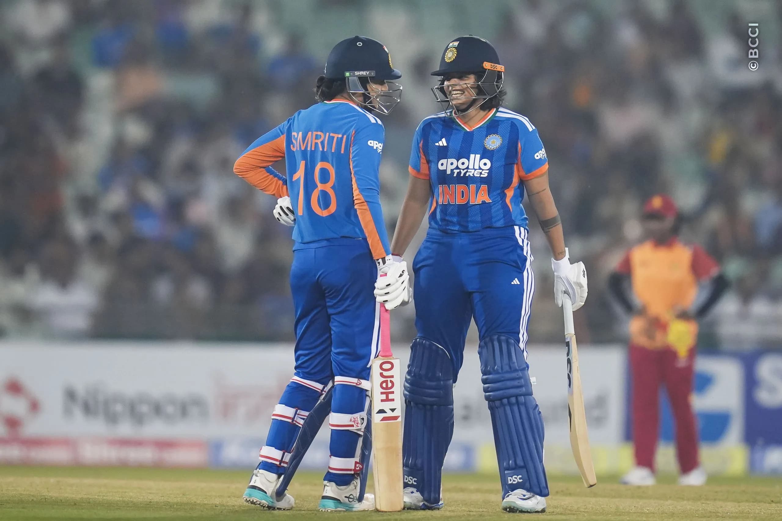Shafali Verma (VC) of India and Smriti Mandhana (C) of India during the 2nd T20I match between India Women and Zimbabwe Women at the Shaheed Veer Narayan Singh International Stadium, Raipur, India on October 18, 2026.Photo: Faheem Hussain / CREIMAS for BCCI