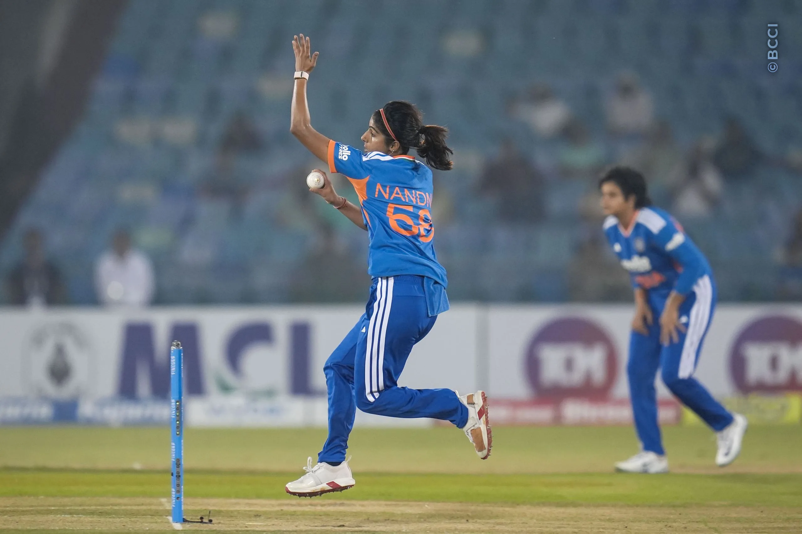 Nandni Sharma of India bowls during the 2nd T20I match between India Women and Zimbabwe Women at the Shaheed Veer Narayan Singh International Stadium, Raipur, India on October 18, 2026.Photo: Faheem Hussain / CREIMAS for BCCI