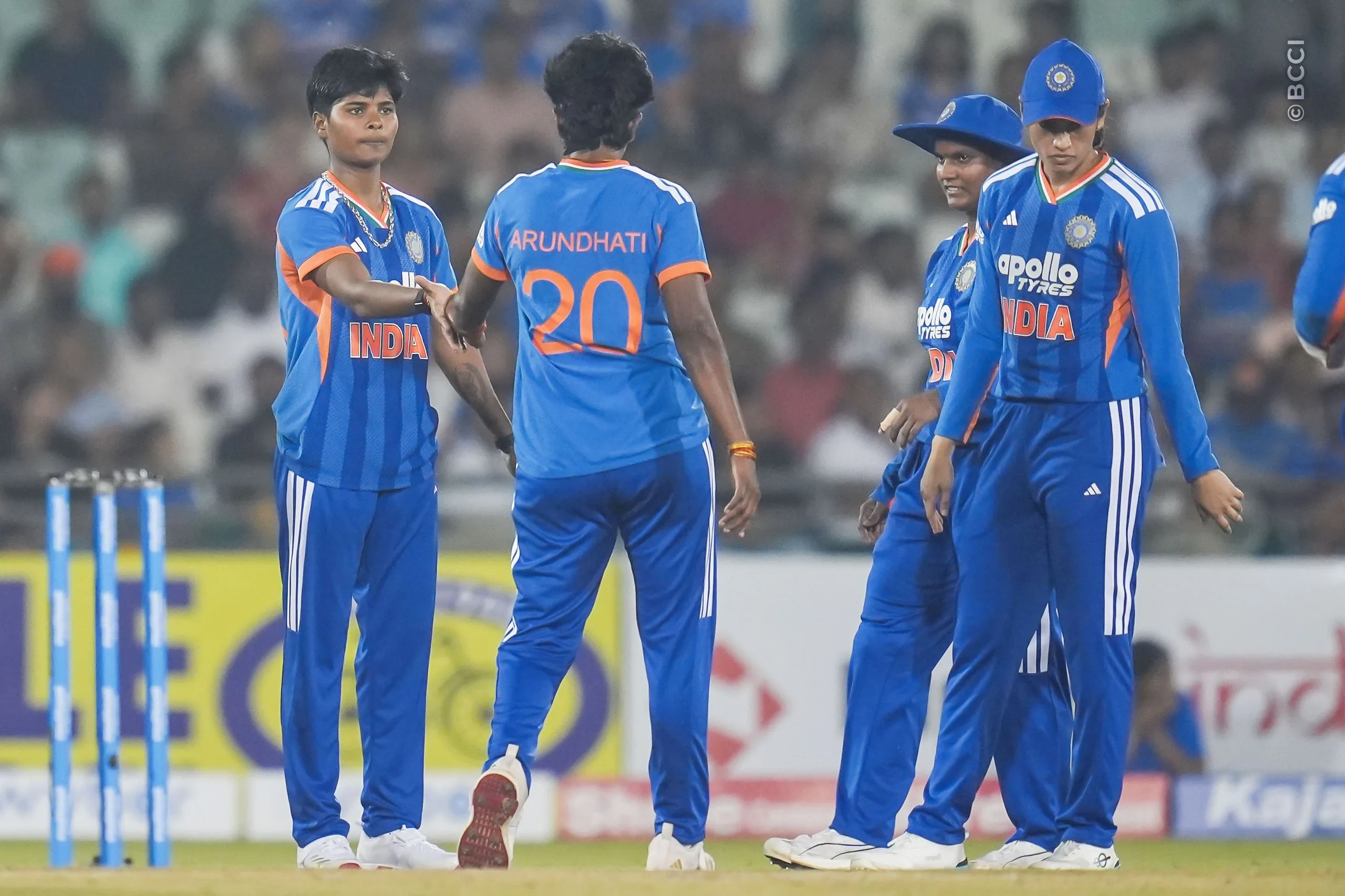 Kranti Gaud of India celebrates the wicket of Sharne Mayers of Zimbabwe during the 2nd T20I match between India Women and Zimbabwe Women at the Shaheed Veer Narayan Singh International Stadium, Raipur, India on October 18, 2026.Photo: Faheem Hussain / CREIMAS for BCCI