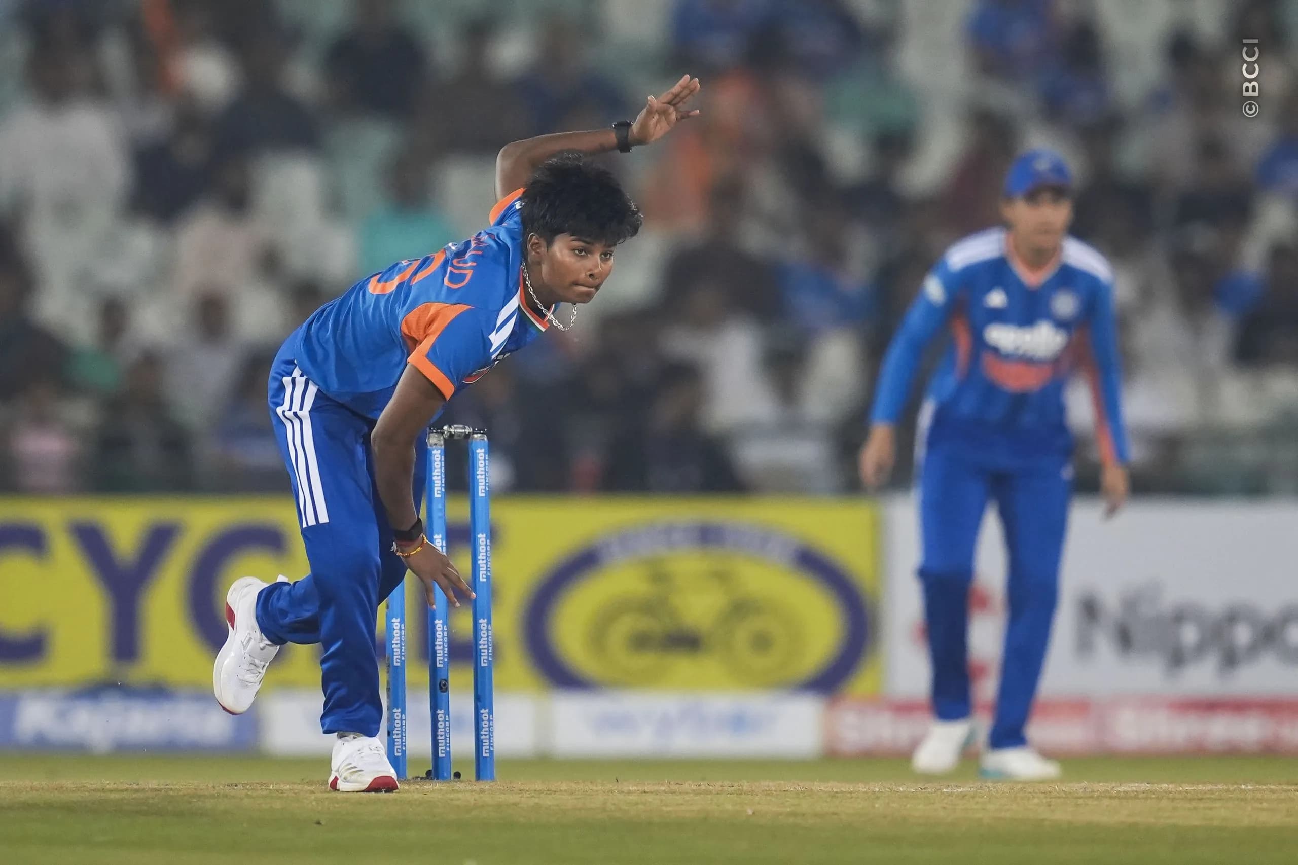 Kranti Gaud of India bowls during the 2nd T20I match between India Women and Zimbabwe Women at the Shaheed Veer Narayan Singh International Stadium, Raipur, India on October 18, 2026.Photo: Faheem Hussain / CREIMAS for BCCI
