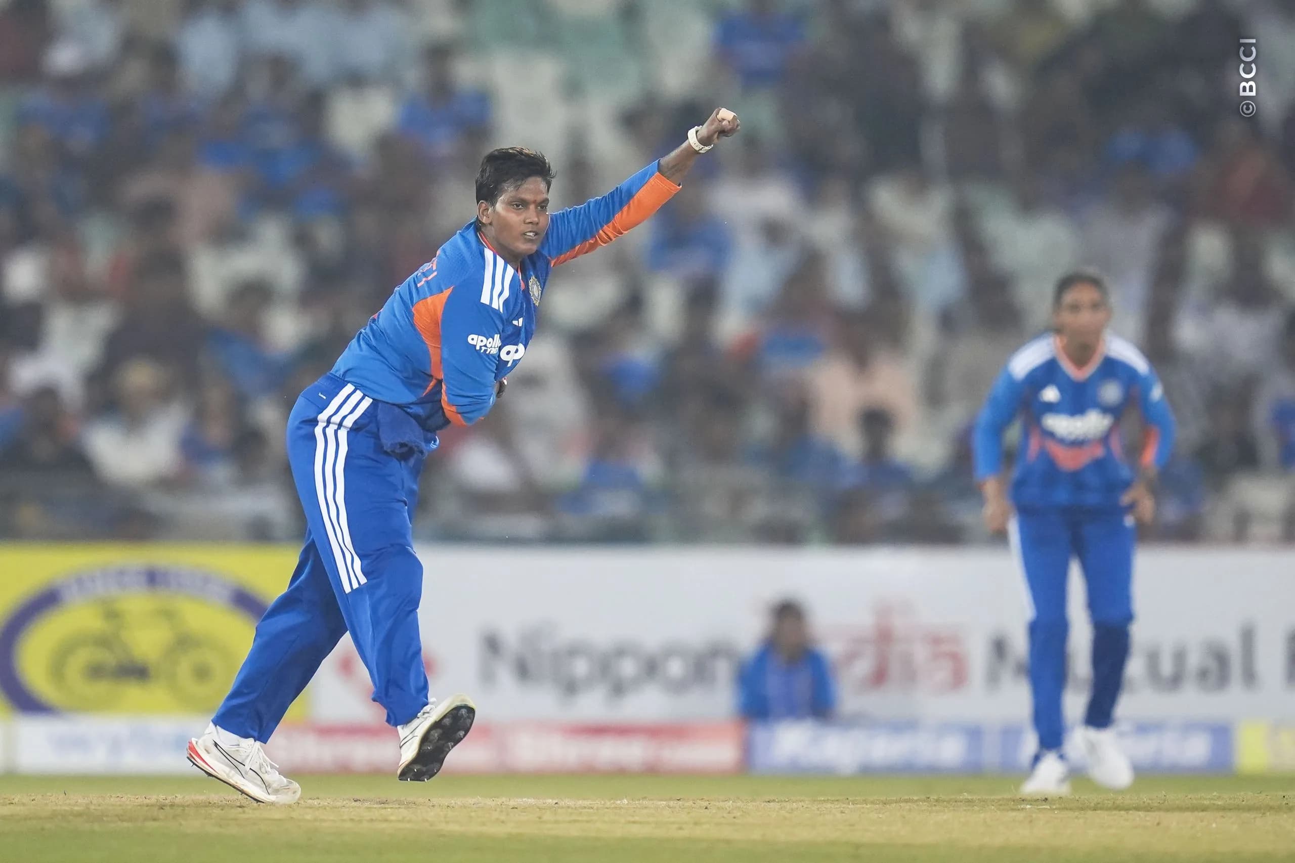 Deepti Sharma of India bowls during the 2nd T20I match between India Women and Zimbabwe Women at the Shaheed Veer Narayan Singh International Stadium, Raipur, India on October 18, 2026.Photo: Faheem Hussain / CREIMAS for BCCI