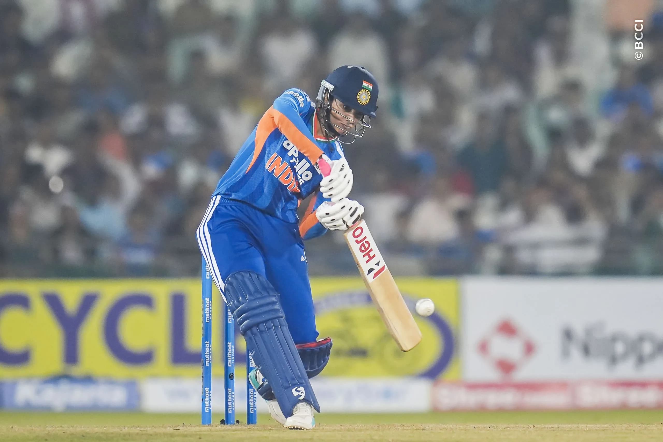Smriti Mandhana (C) of India during the 2nd T20I match between India Women and Zimbabwe Women at the Shaheed Veer Narayan Singh International Stadium, Raipur, India on October 18, 2026.Photo: Faheem Hussain / CREIMAS for BCCI