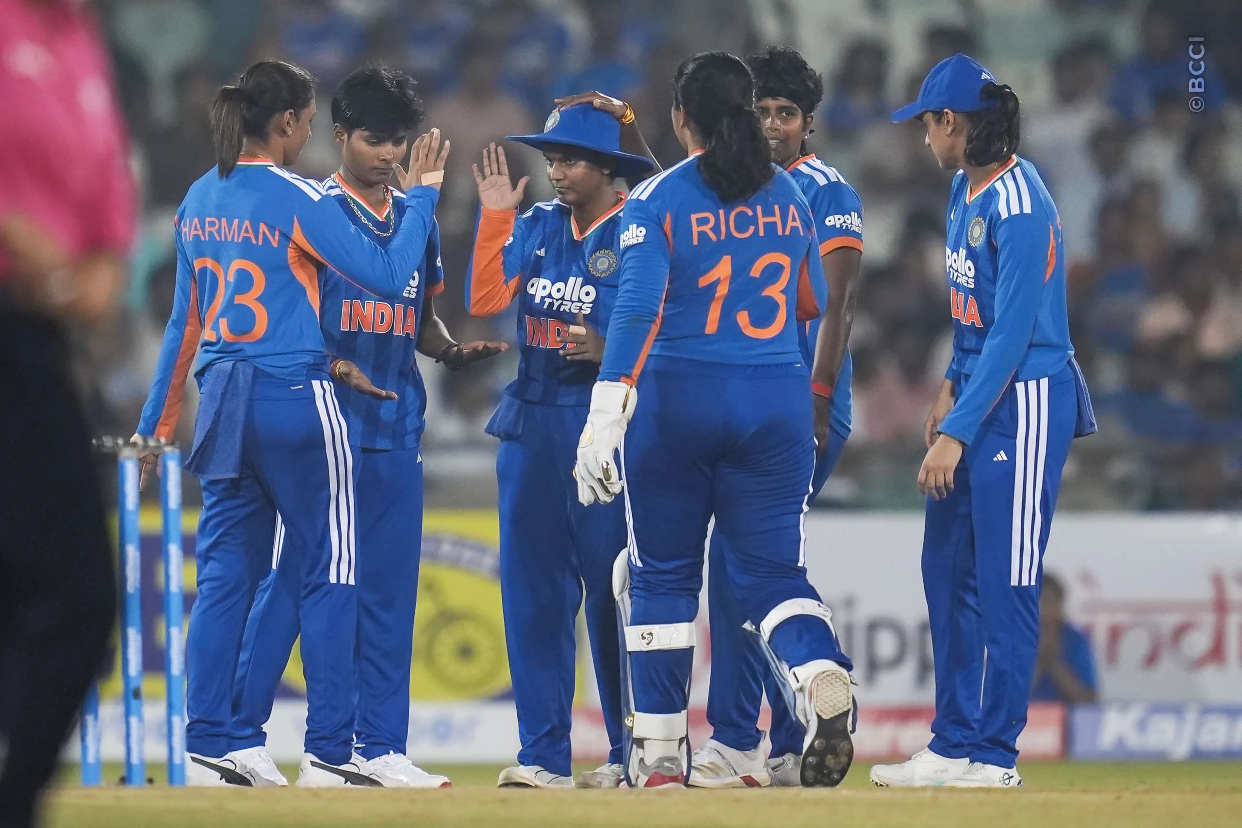 Kranti Gaud of India celebrates the wicket of Sharne Mayers of Zimbabwe during the 2nd T20I match between India Women and Zimbabwe Women at the Shaheed Veer Narayan Singh International Stadium, Raipur, India on October 18, 2026.Photo: Faheem Hussain / CREIMAS for BCCI