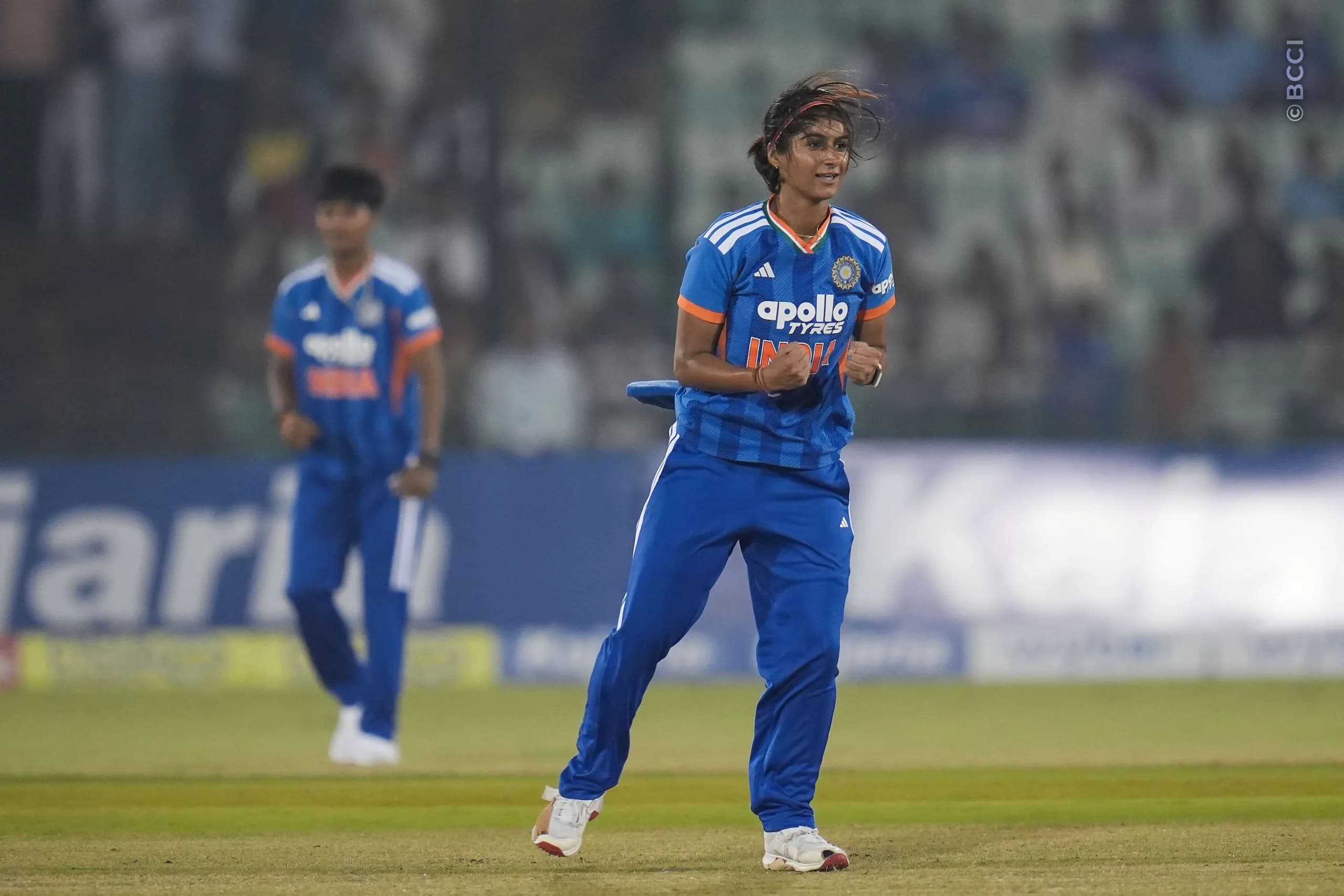 Nandni Sharma of India. celebrates the wicket of Kelis Ndhlovu (VC) of Zimbabwe during the 2nd T20I match between India Women and Zimbabwe Women at the Shaheed Veer Narayan Singh International Stadium, Raipur, India on October 18, 2026.Photo: Faheem Hussain / CREIMAS for BCCI