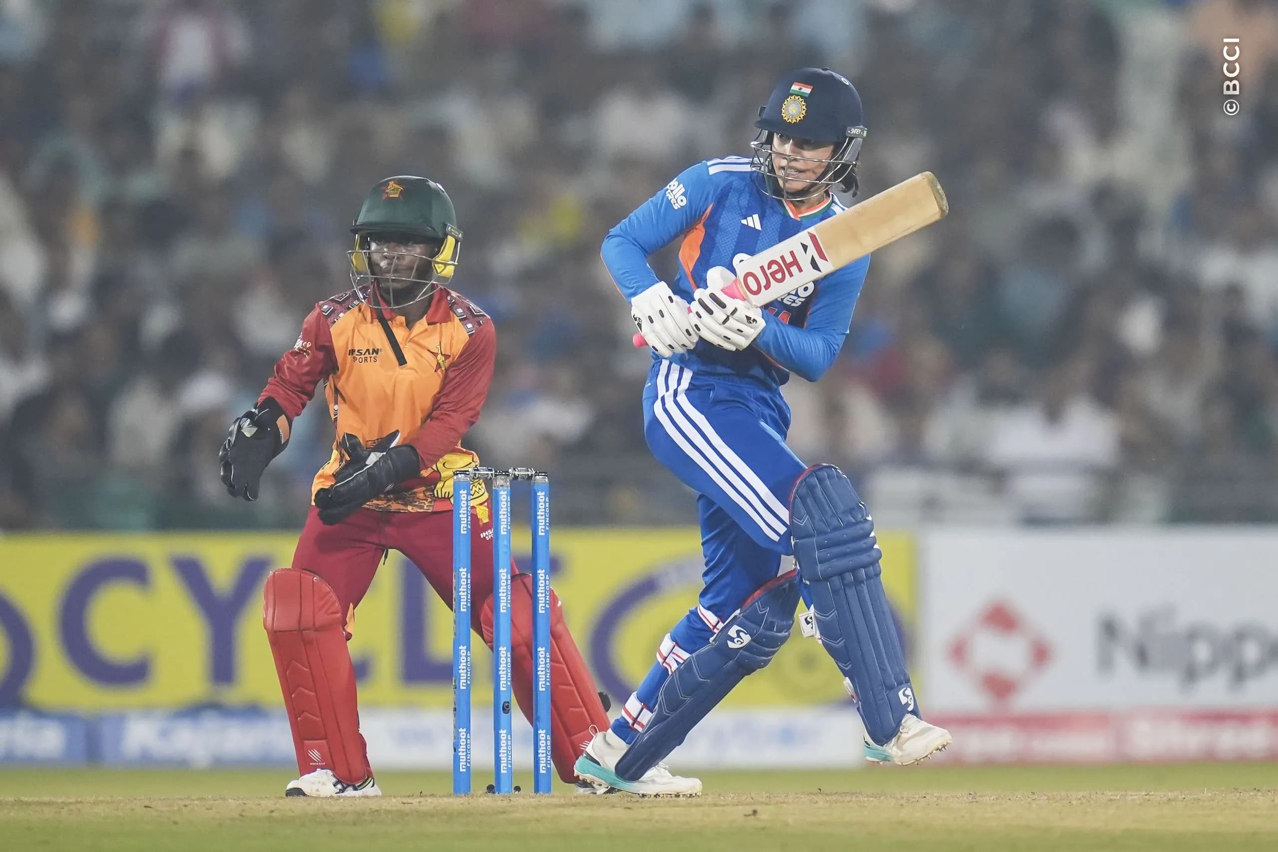 Smriti Mandhana (C) of India during the 2nd T20I match between India Women and Zimbabwe Women at the Shaheed Veer Narayan Singh International Stadium, Raipur, India on October 18, 2026.Photo: Faheem Hussain / CREIMAS for BCCI