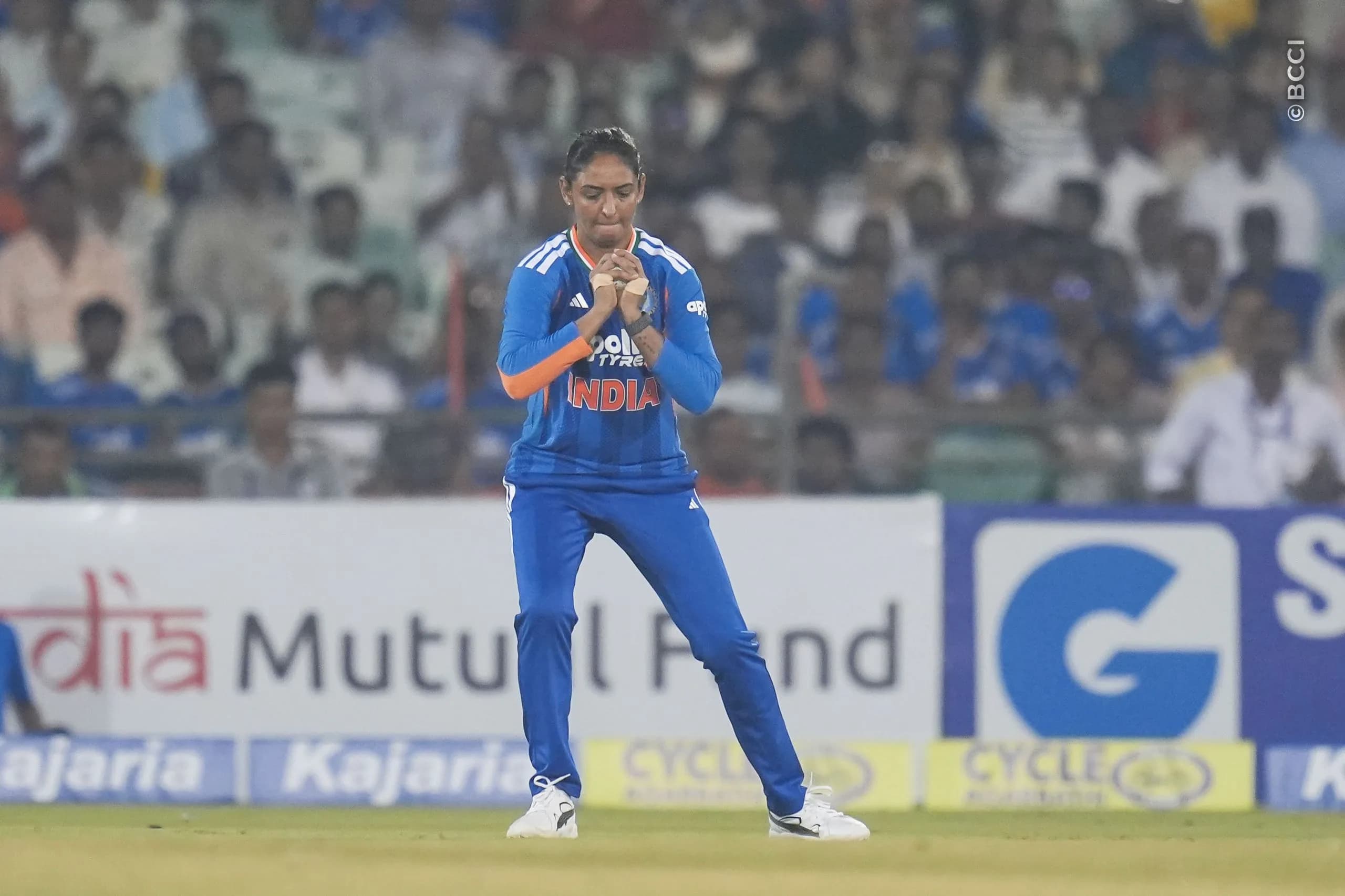 Harmanpreet Kaur of India takes a catch to dismiss Beloved Biza of Zimbabwe during the 2nd T20I match between India Women and Zimbabwe Women at the Shaheed Veer Narayan Singh International Stadium, Raipur, India on October 18, 2026.Photo: Faheem Hussain / CREIMAS for BCCI
