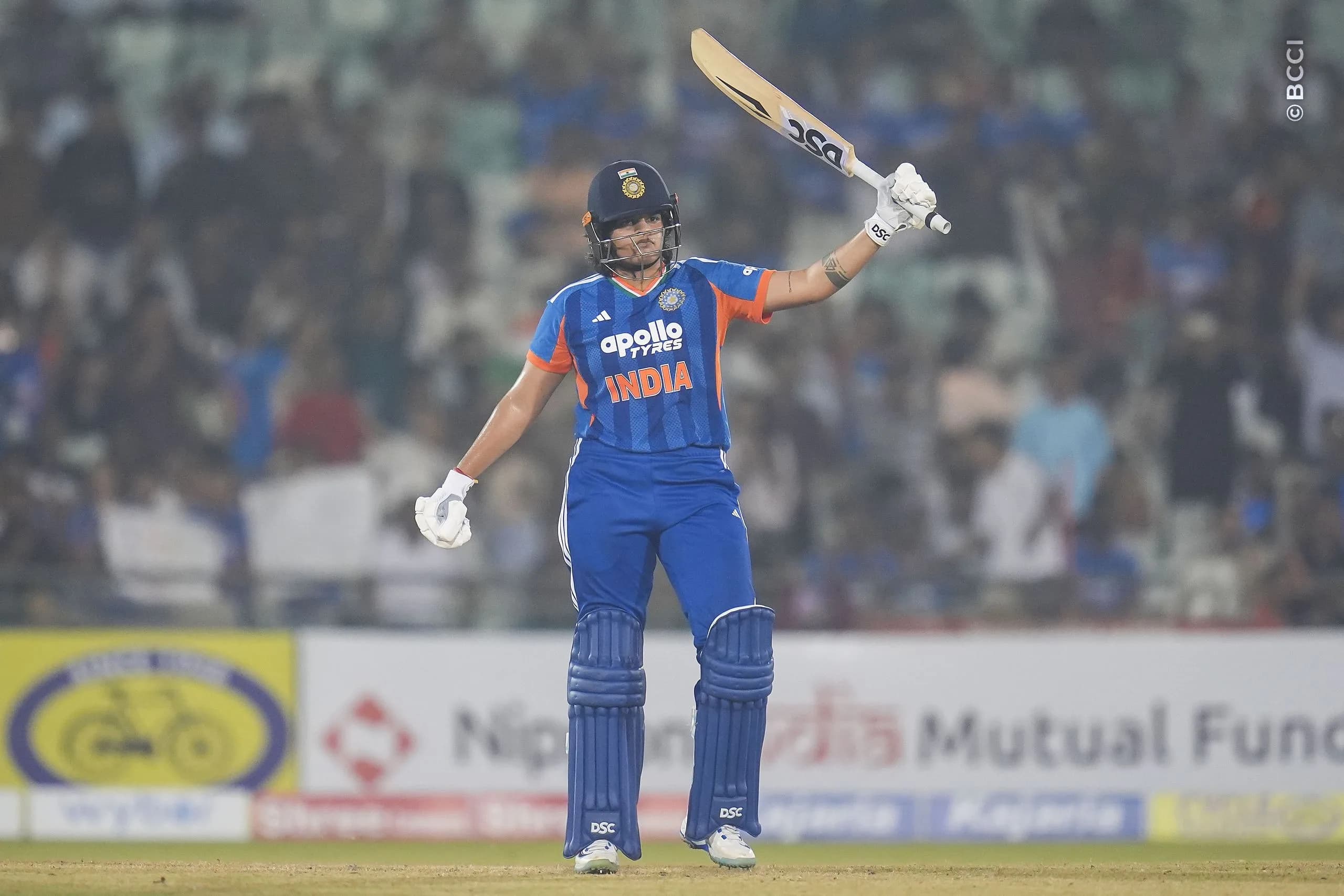 Shafali Verma (VC) of India raises her bat after scoring fifty runs during the 2nd T20I match between India Women and Zimbabwe Women at the Shaheed Veer Narayan Singh International Stadium, Raipur, India on October 18, 2026.Photo: Faheem Hussain / CREIMAS for BCCI