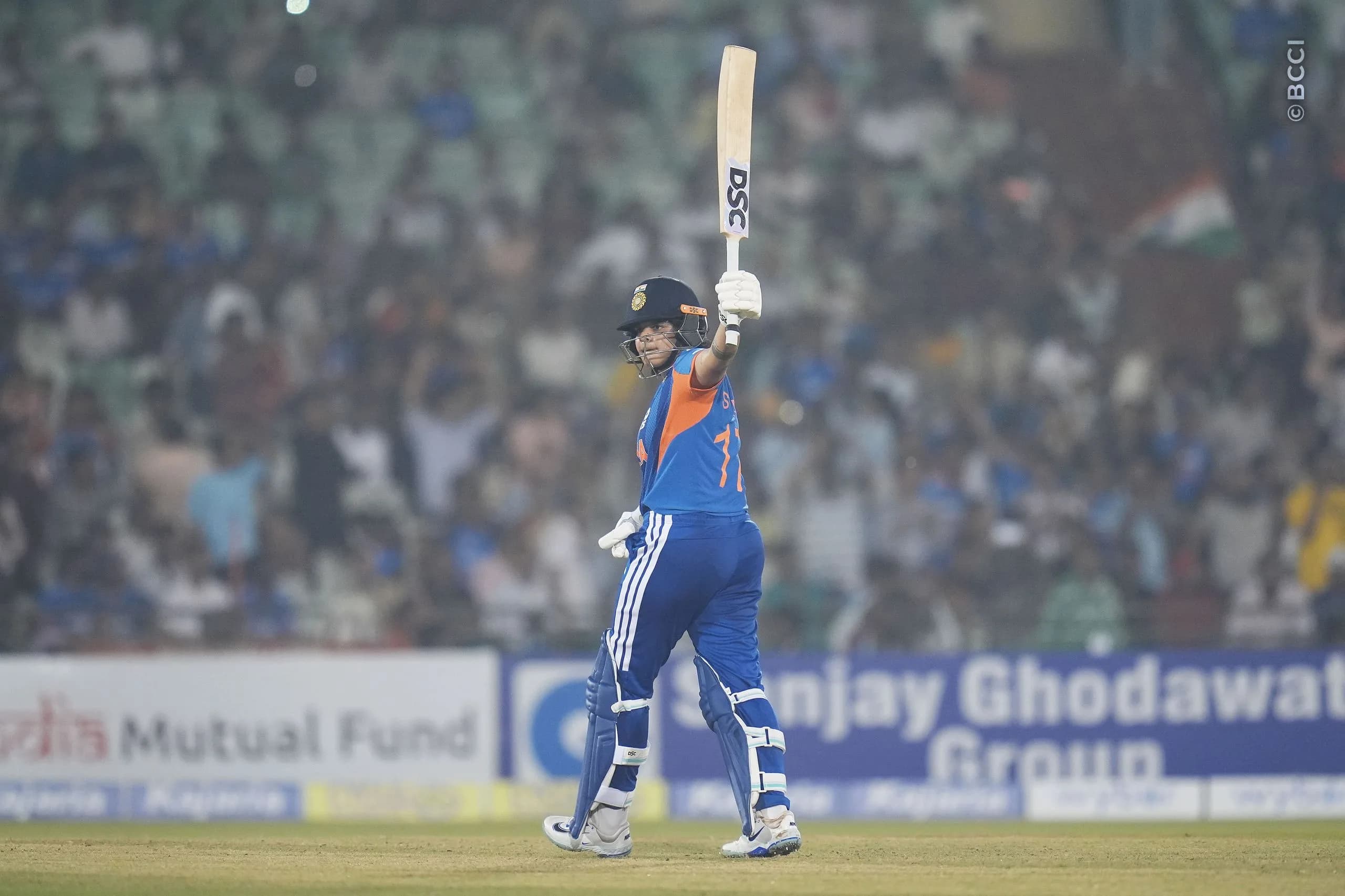 Shafali Verma (VC) of India raises her bat after scoring fifty runs during the 2nd T20I match between India Women and Zimbabwe Women at the Shaheed Veer Narayan Singh International Stadium, Raipur, India on October 18, 2026.Photo: Faheem Hussain / CREIMAS for BCCI