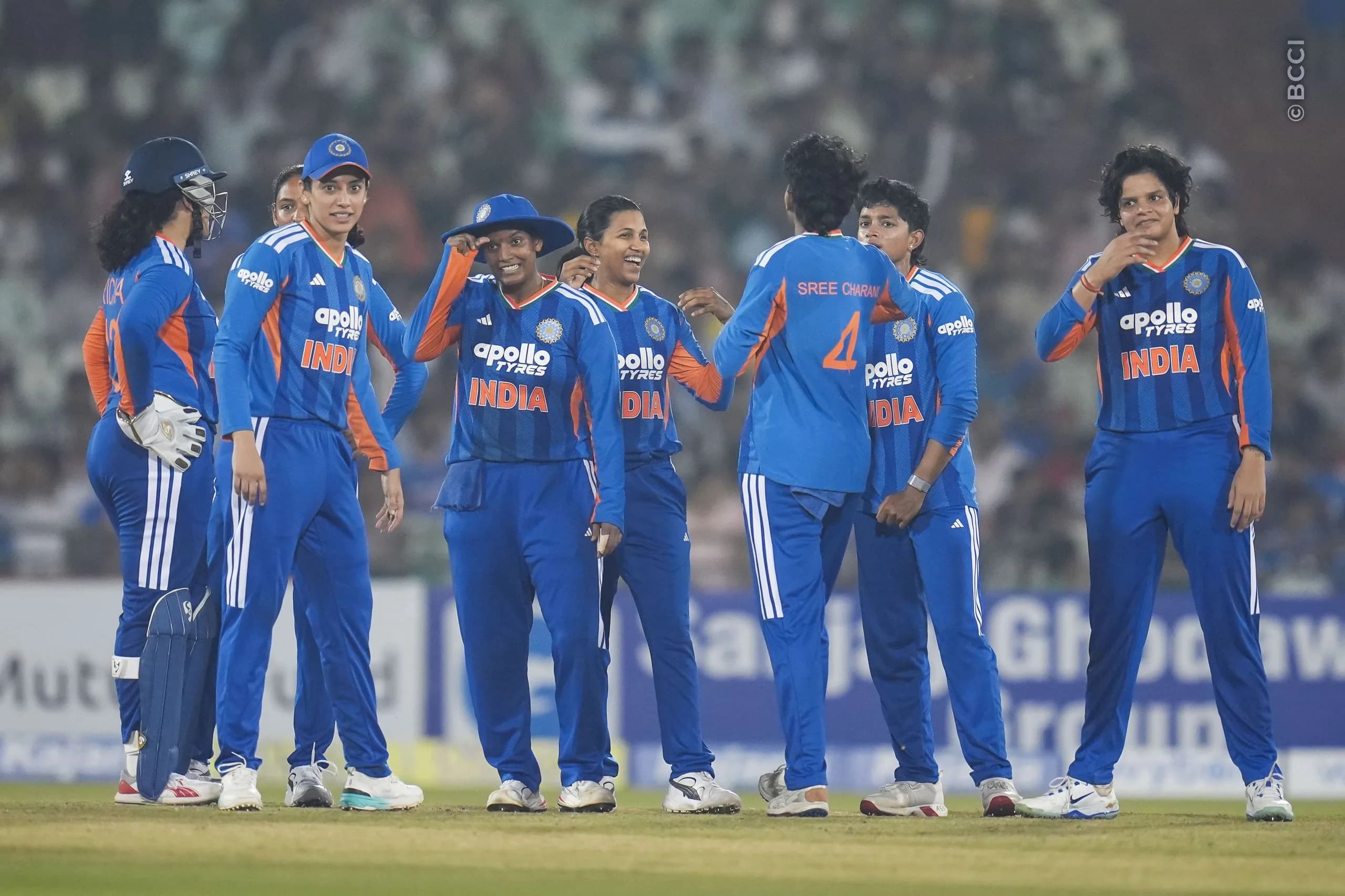 Niki Prasad of India celebrates the wicket of Nyasha Gwanzura of Zimbabwe during the 2nd T20I match between India Women and Zimbabwe Women at the Shaheed Veer Narayan Singh International Stadium, Raipur, India on October 18, 2026.Photo: Faheem Hussain / CREIMAS for BCCI