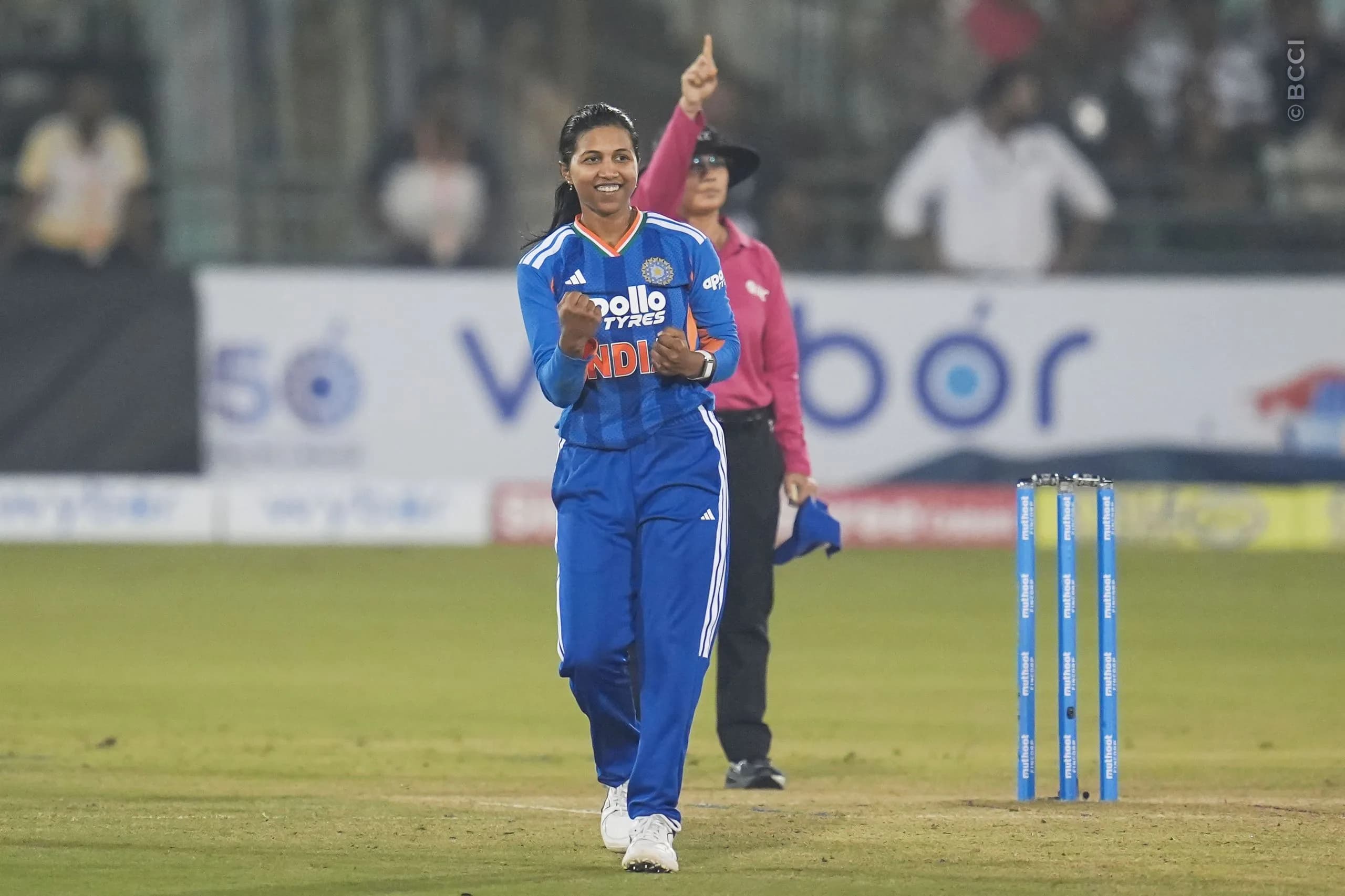 Niki Prasad of India celebrates the wicket of Chipo Mugeri-Tiripano of Zimbabwe during the 2nd T20I match between India Women and Zimbabwe Women at the Shaheed Veer Narayan Singh International Stadium, Raipur, India on October 18, 2026.Photo: Faheem Hussain / CREIMAS for BCCI
