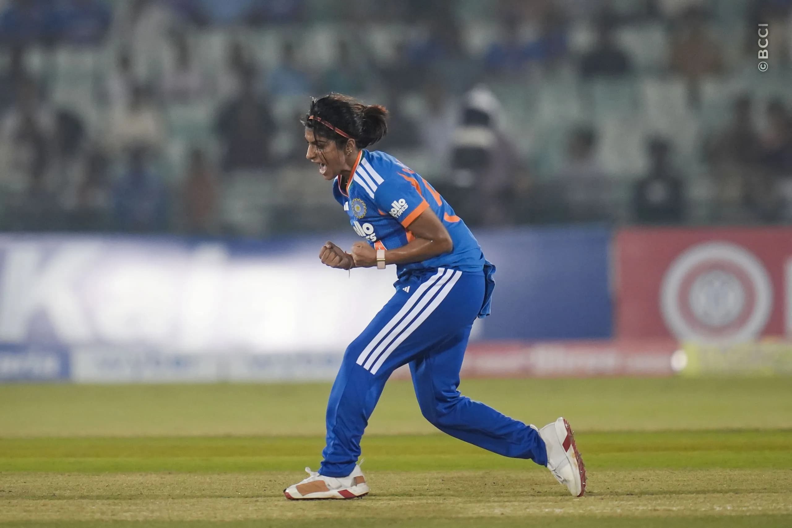 Nandni Sharma of India. celebrates the wicket of Kelis Ndhlovu (VC) of Zimbabwe during the 2nd T20I match between India Women and Zimbabwe Women at the Shaheed Veer Narayan Singh International Stadium, Raipur, India on October 18, 2026.Photo: Faheem Hussain / CREIMAS for BCCI