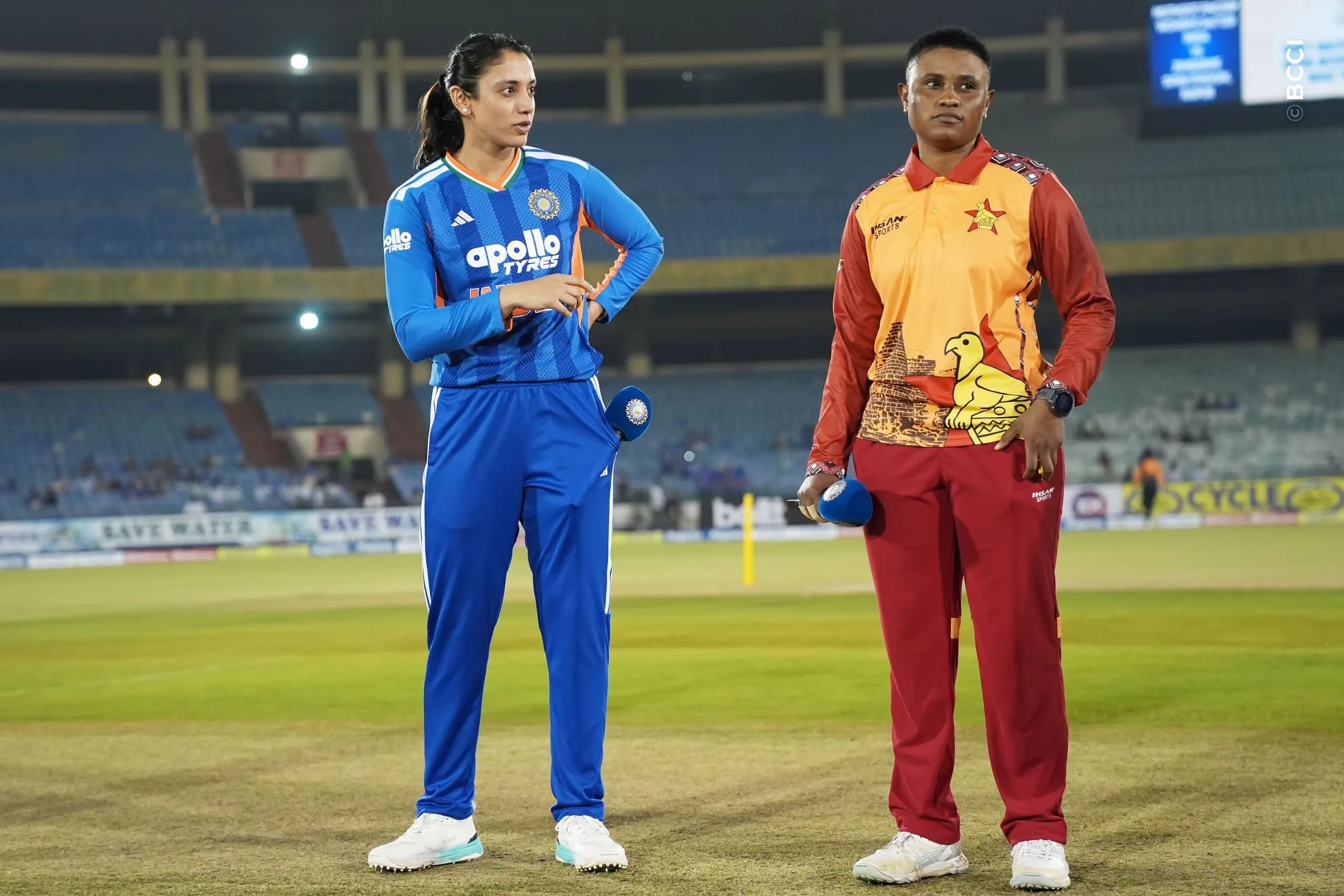 Smriti Mandhana (C) of India and Josephine Nkomo (C) of Zimbabwe at the toss during the 2nd T20I match between India Women and Zimbabwe Women at the Shaheed Veer Narayan Singh International Stadium, Raipur, India on October 18, 2026.Photo: Faheem Hussain / CREIMAS for BCCI
