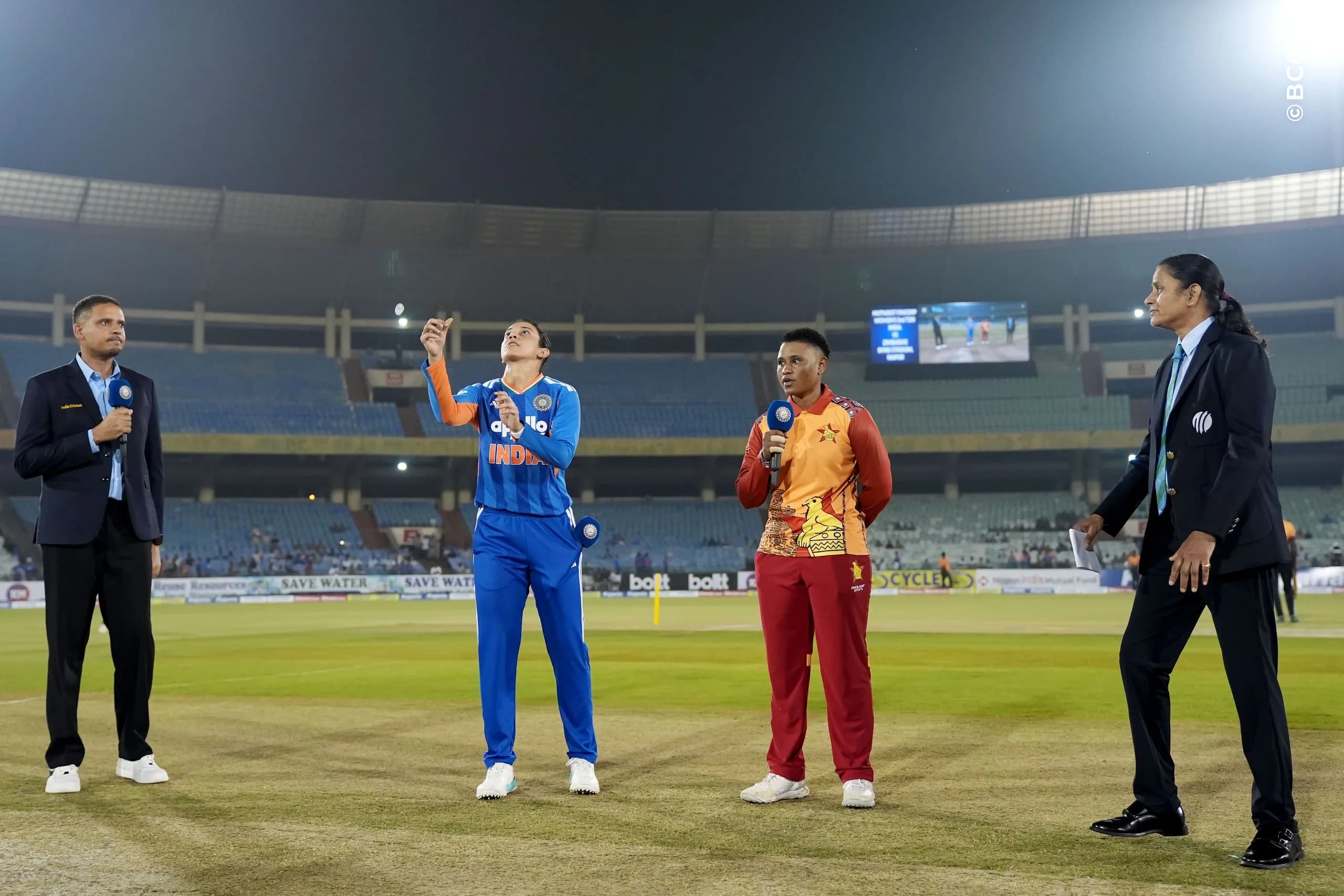 Smriti Mandhana (C) of India and Josephine Nkomo (C) of Zimbabwe at the toss during the 2nd T20I match between India Women and Zimbabwe Women at the Shaheed Veer Narayan Singh International Stadium, Raipur, India on October 18, 2026.Photo: Faheem Hussain / CREIMAS for BCCI