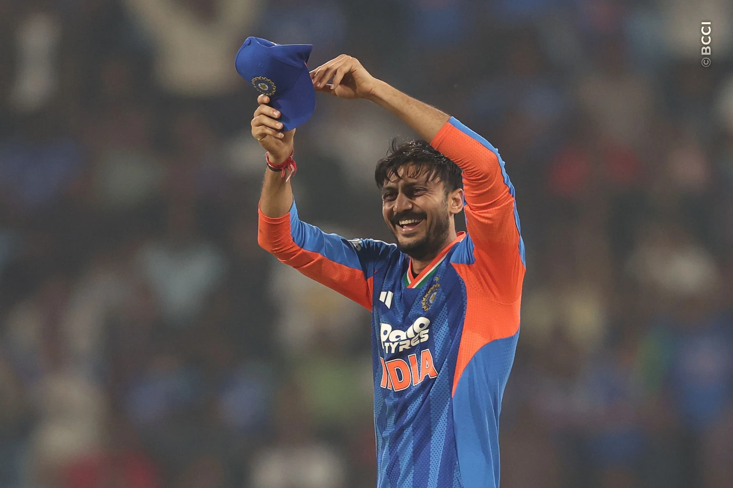 Axar Patel of India celebrates the wicket of Shamar Joseph of West Indies during the 1st T20I match between India and West Indies at the Bharat Ratna Shri Atal Bihari Vajpayee Ekana Cricket Stadium, Lucknow, India on October 6, 2026.Photo: Pankaj Nangia / CREIMAS for BCCI