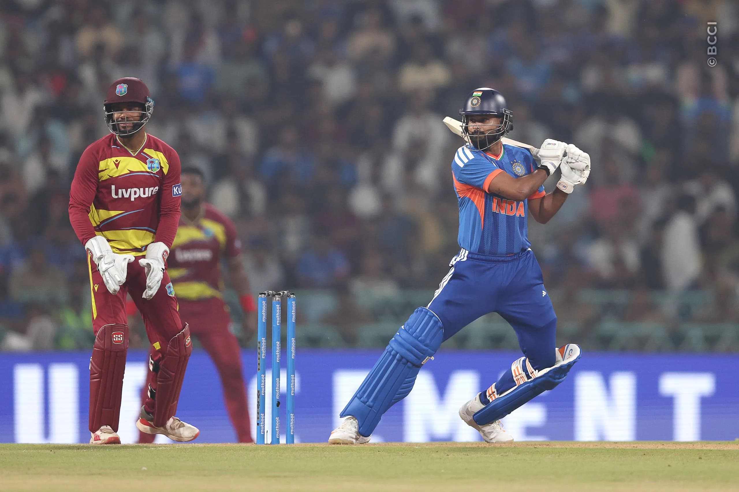 Shreyas Iyer of India plays a shot during the 1st T20I match between India and West Indies at the Bharat Ratna Shri Atal Bihari Vajpayee Ekana Cricket Stadium, Lucknow, India on October 6, 2026.Photo: Pankaj Nangia / CREIMAS for BCCI