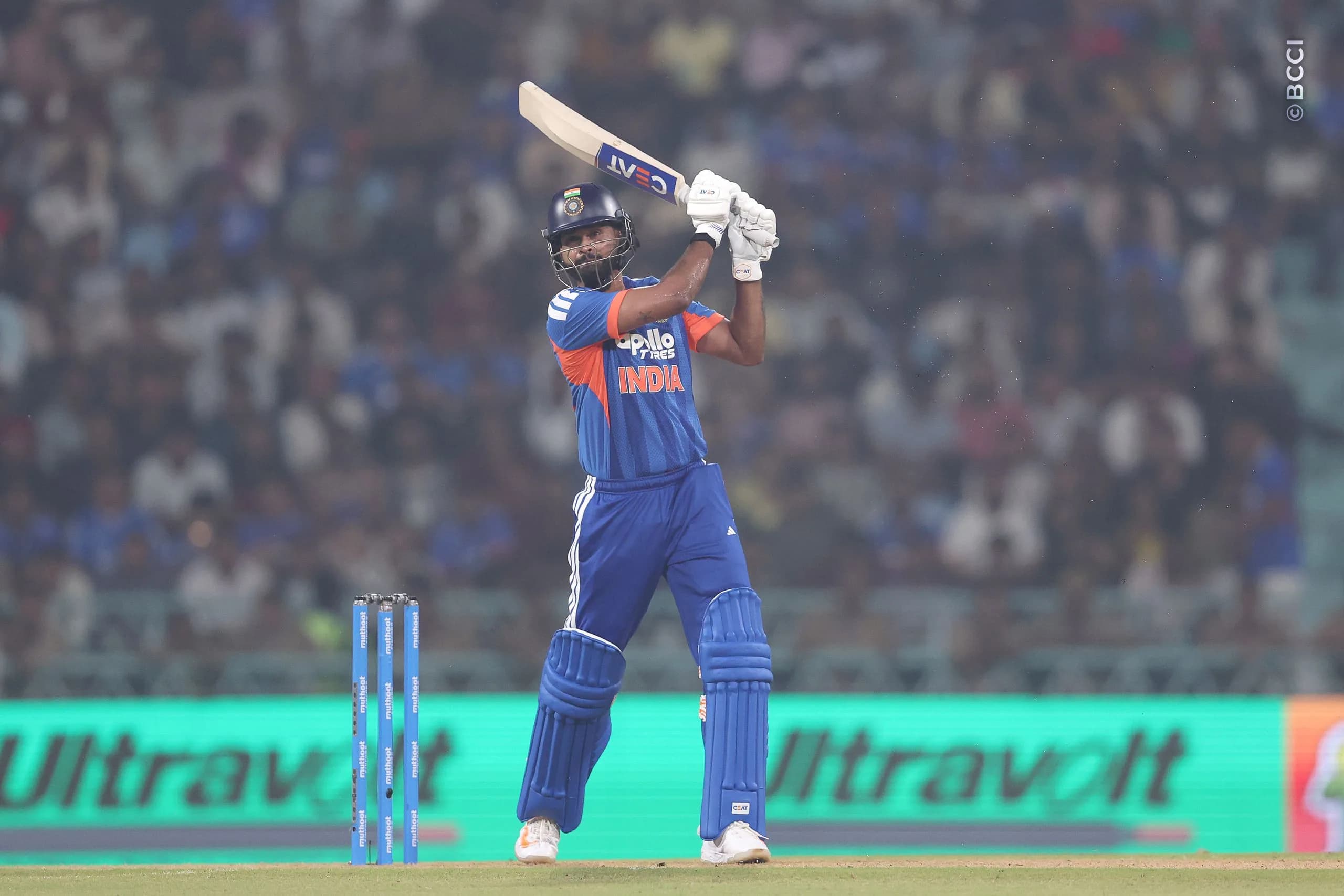 Shreyas Iyer of India plays a shot during the 1st T20I match between India and West Indies at the Bharat Ratna Shri Atal Bihari Vajpayee Ekana Cricket Stadium, Lucknow, India on October 6, 2026.Photo: Pankaj Nangia / CREIMAS for BCCI