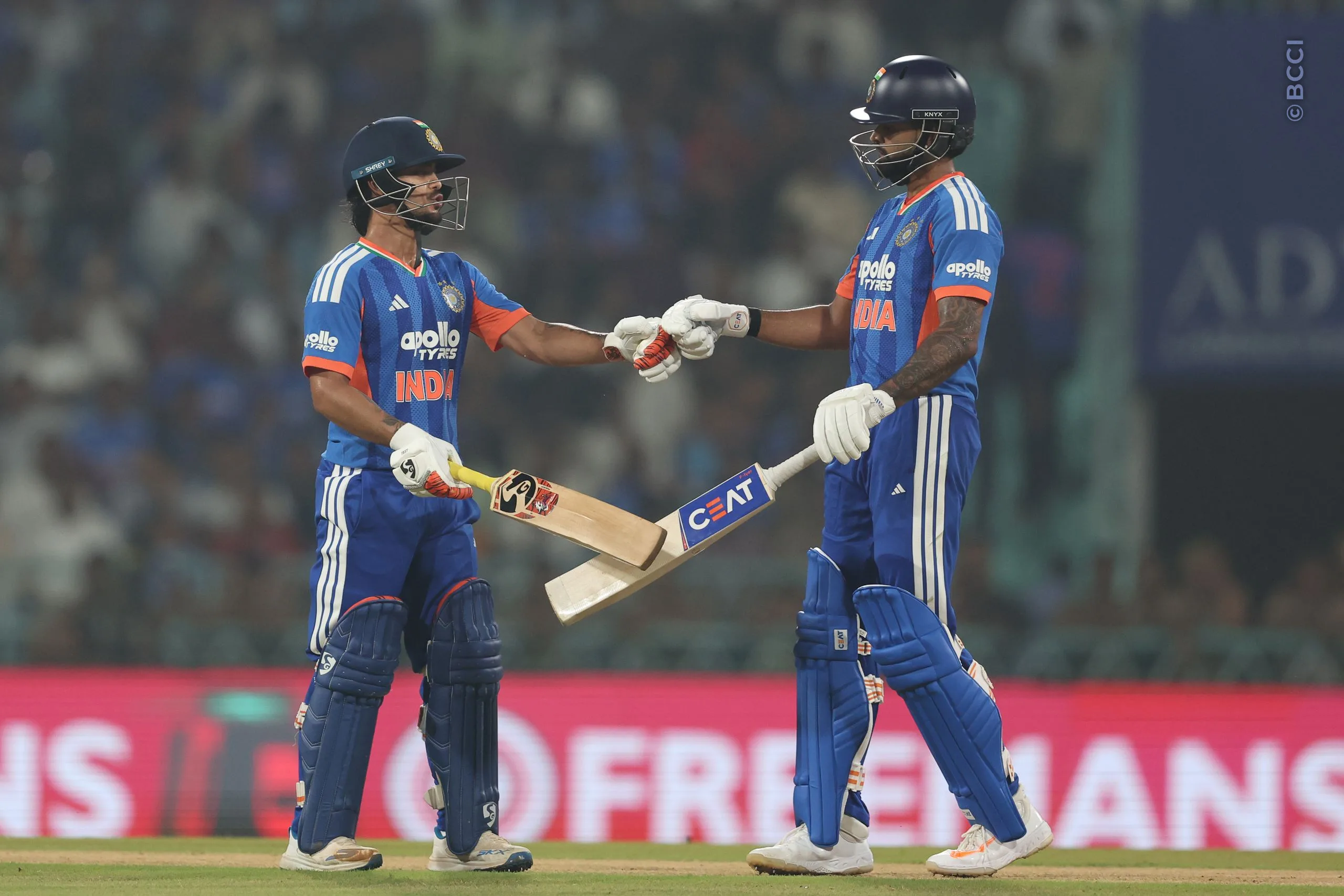 Shreyas Iyer of India and Ishan Kishan of India during the 1st T20I match between India and West Indies at the Bharat Ratna Shri Atal Bihari Vajpayee Ekana Cricket Stadium, Lucknow, India on October 6, 2026.Photo: Pankaj Nangia / CREIMAS for BCCI