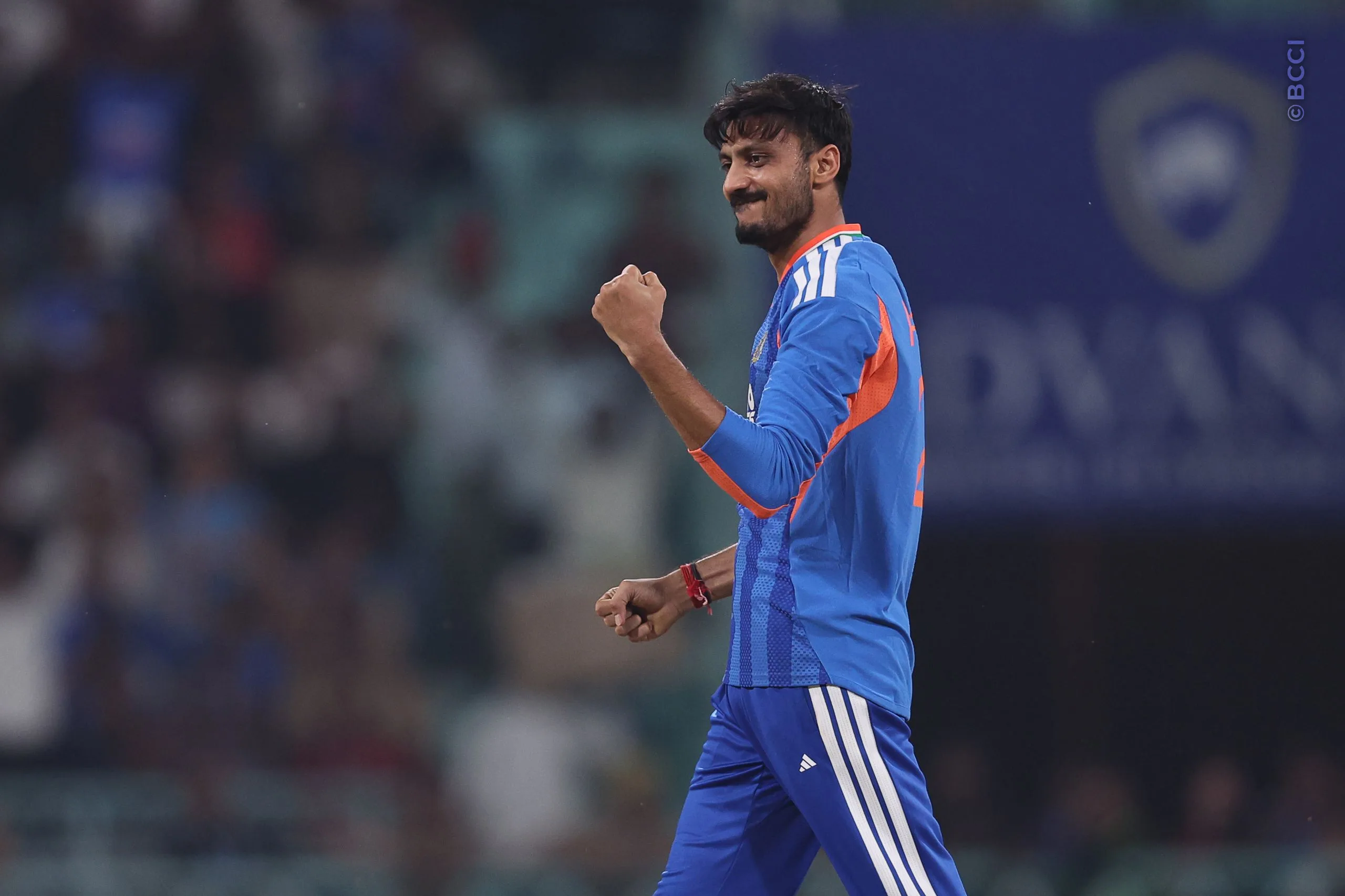 Axar Patel of India celebrates the wicket of Rovman Powell of West Indies during the 1st T20I match between India and West Indies at the Bharat Ratna Shri Atal Bihari Vajpayee Ekana Cricket Stadium, Lucknow, India on October 6, 2026.Photo: Pankaj Nangia / CREIMAS for BCCI