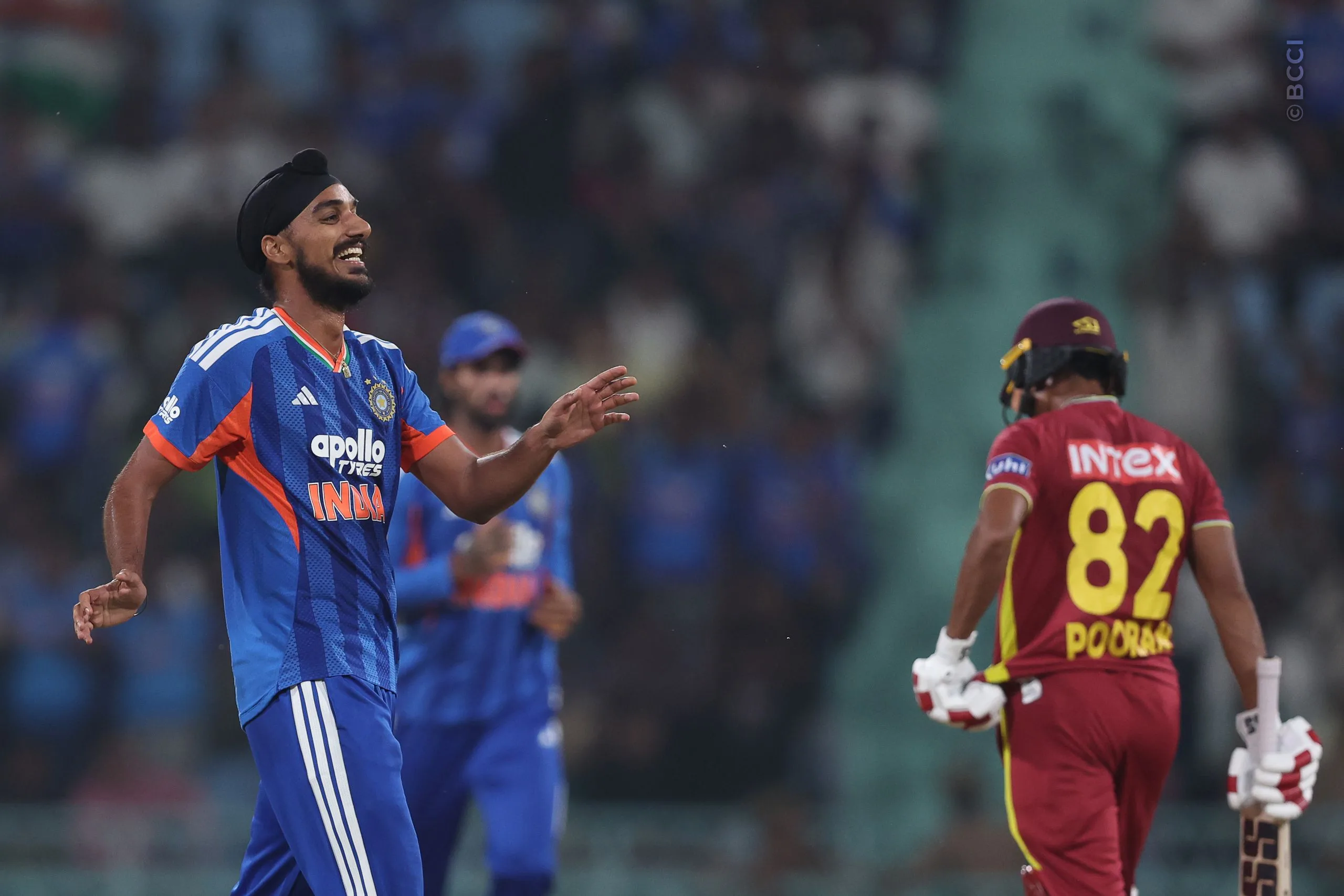 Arshdeep Singh of India celebrates the wicket of Kamil Pooran of West Indies during the 1st T20I match between India and West Indies at the Bharat Ratna Shri Atal Bihari Vajpayee Ekana Cricket Stadium, Lucknow, India on October 6, 2026.Photo: Pankaj Nangia / CREIMAS for BCCI