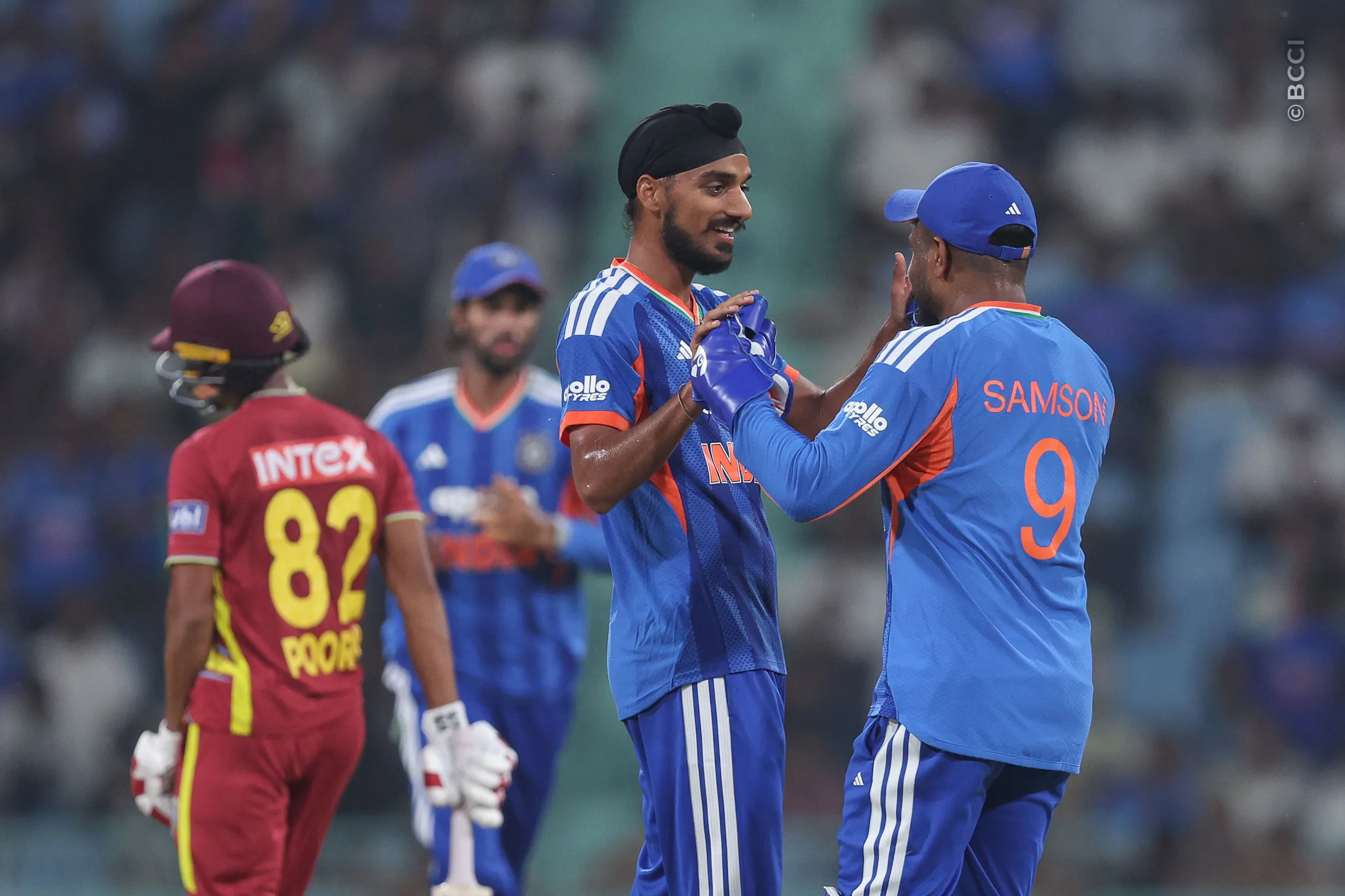 Arshdeep Singh of India celebrates the wicket of Kamil Pooran of West Indies during the 1st T20I match between India and West Indies at the Bharat Ratna Shri Atal Bihari Vajpayee Ekana Cricket Stadium, Lucknow, India on October 6, 2026.Photo: Pankaj Nangia / CREIMAS for BCCI