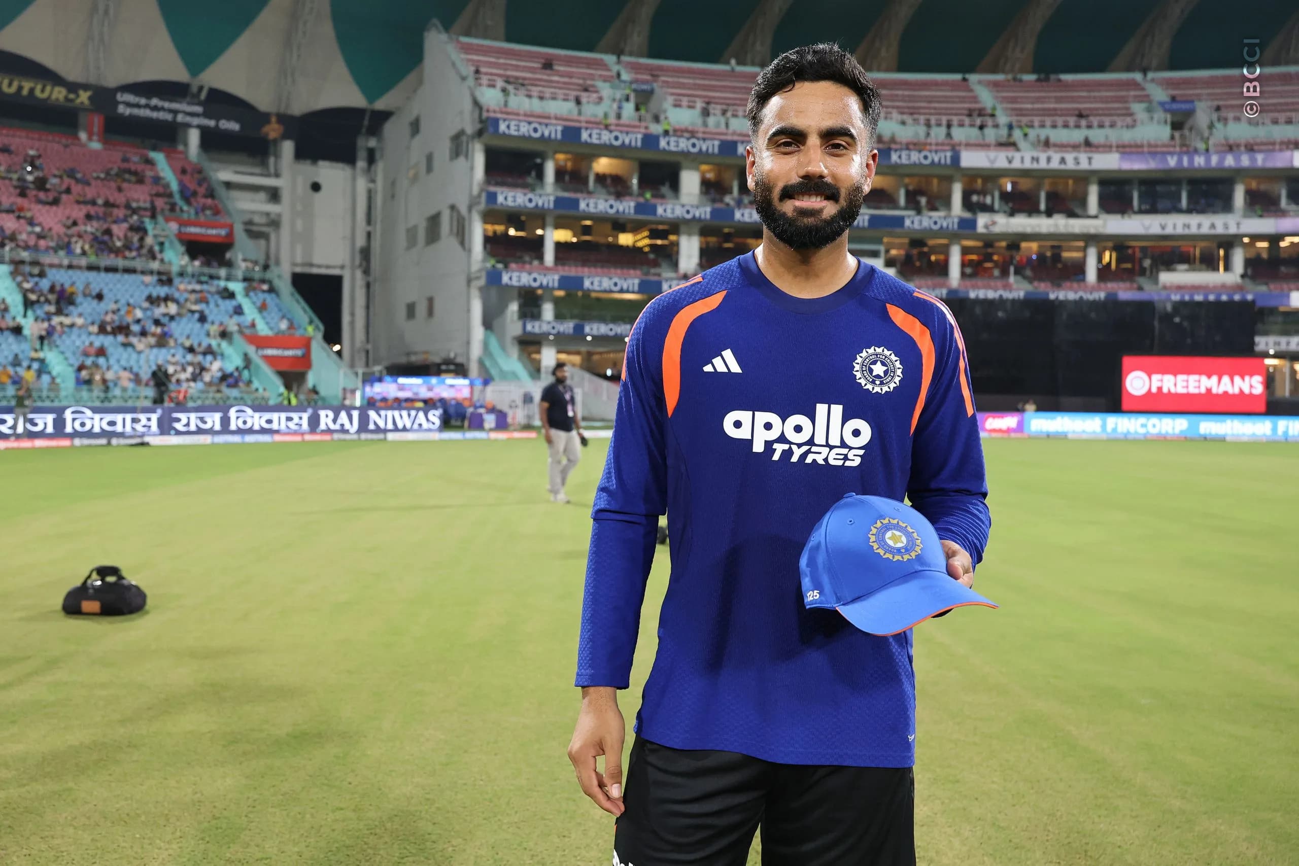 Naman Dhir of India after receiving his debutant cap from Arshdeep Singh of India at the start of the 1st T20I match between India and West Indies at the Bharat Ratna Shri Atal Bihari Vajpayee Ekana Cricket Stadium, Lucknow, India on October 6, 2026.

Photo: Pankaj Nangia / CREIMAS for BCCI