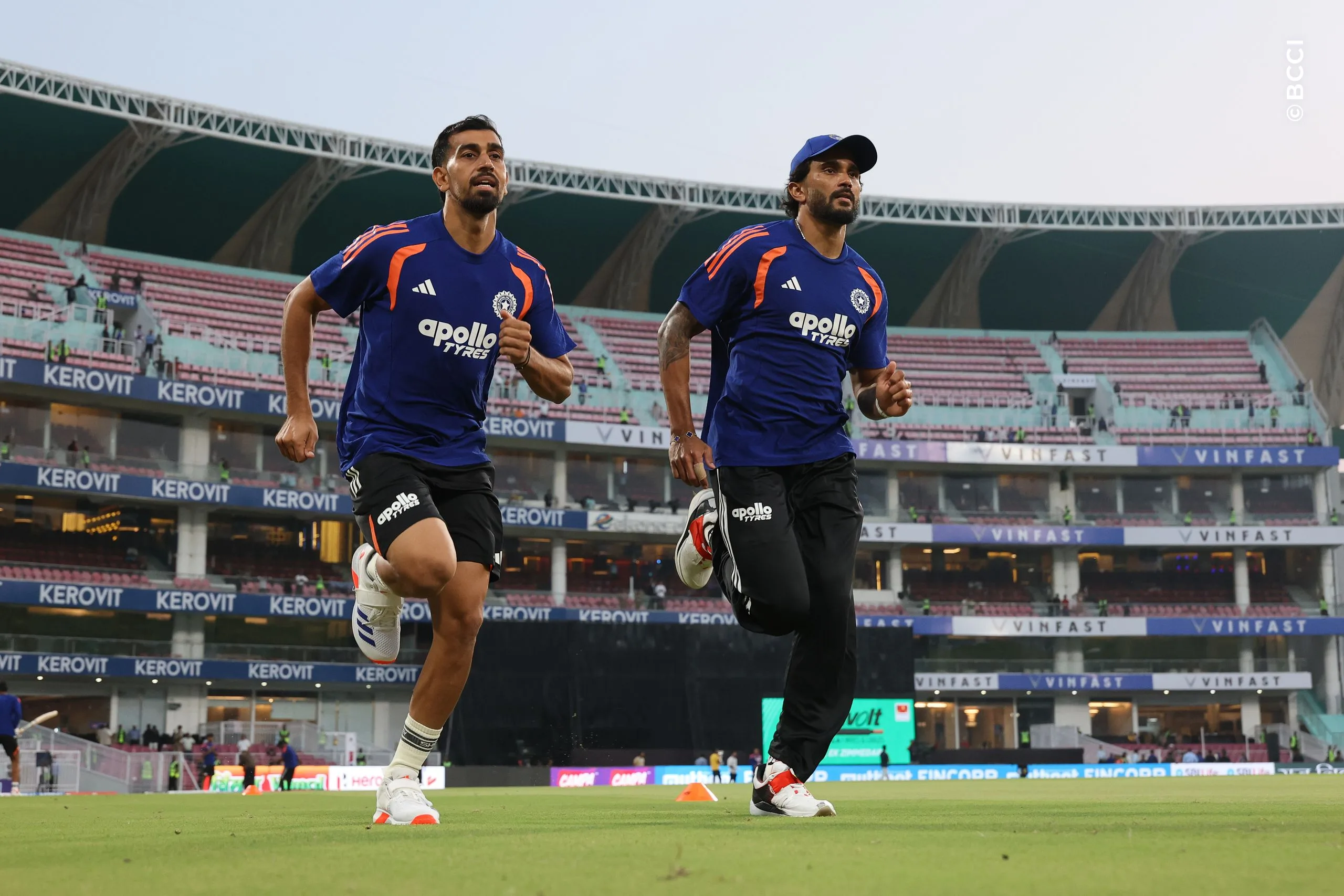 Prince Yadav of India and Nitish Kumar Reddy of India warmup before the start of the 1st T20I match between India and West Indies at the Bharat Ratna Shri Atal Bihari Vajpayee Ekana Cricket Stadium, Lucknow, India on October 6, 2026.Photo: Pankaj Nangia / CREIMAS for BCCI