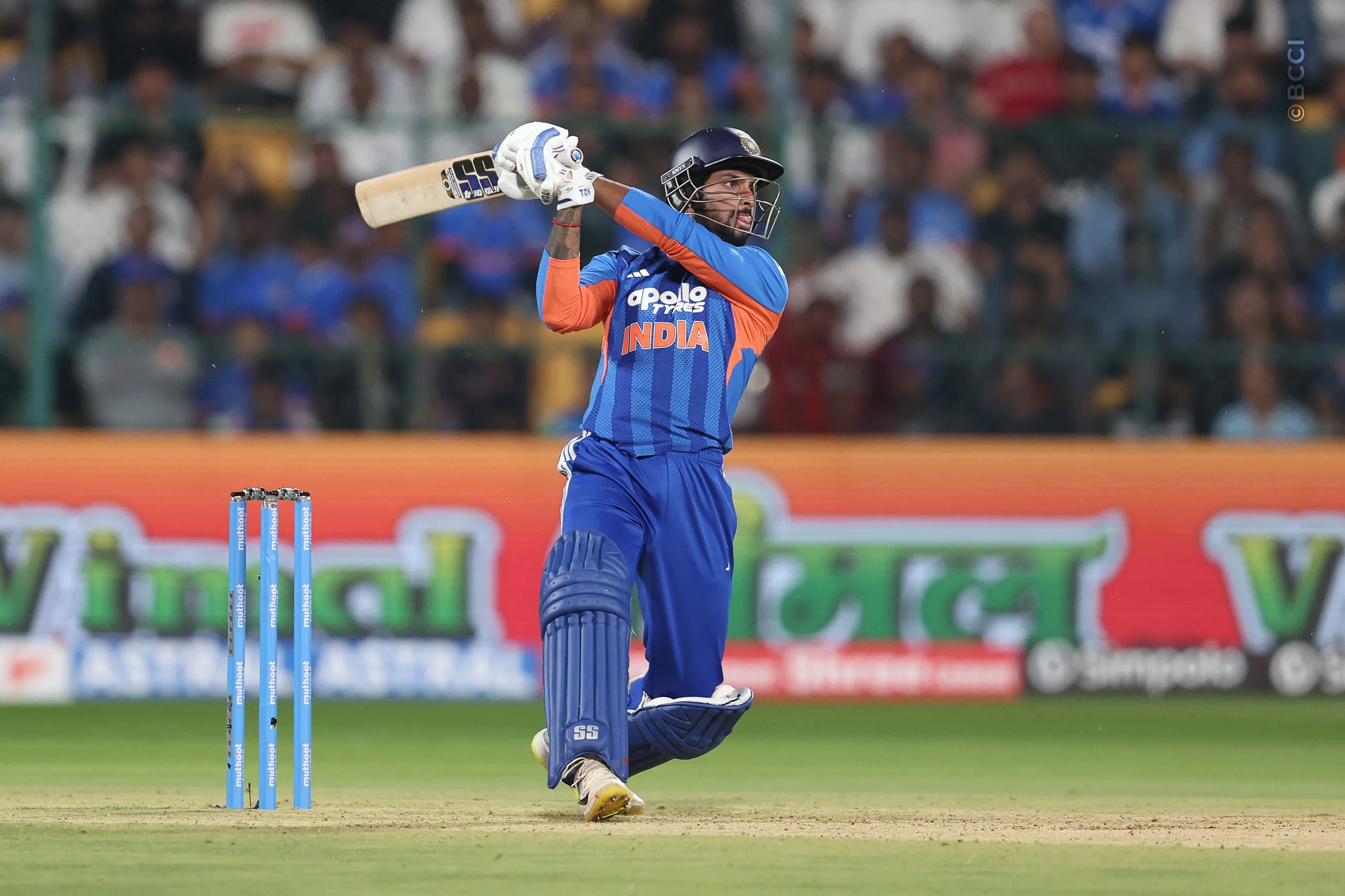 Tilak Varma of India plays a shot during the 5th T20I match between India and West Indies at the M.Chinnaswamy Stadium, Bengaluru, India on October 17, 2026.Photo: Pankaj Nangia / CREIMAS for BCCI