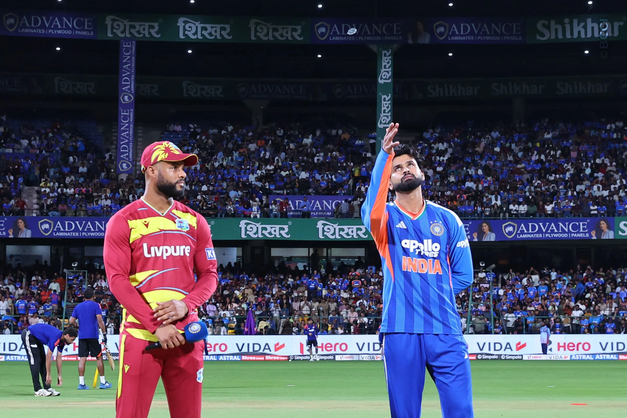 Shreyas Iyer of India and Shai Hope of West Indies at the toss during the 5th T20I match between India and West Indies at the M.Chinnaswamy Stadium, Bengaluru, India on October 17, 2026.

Photo: Pankaj Nangia / CREIMAS for BCCI