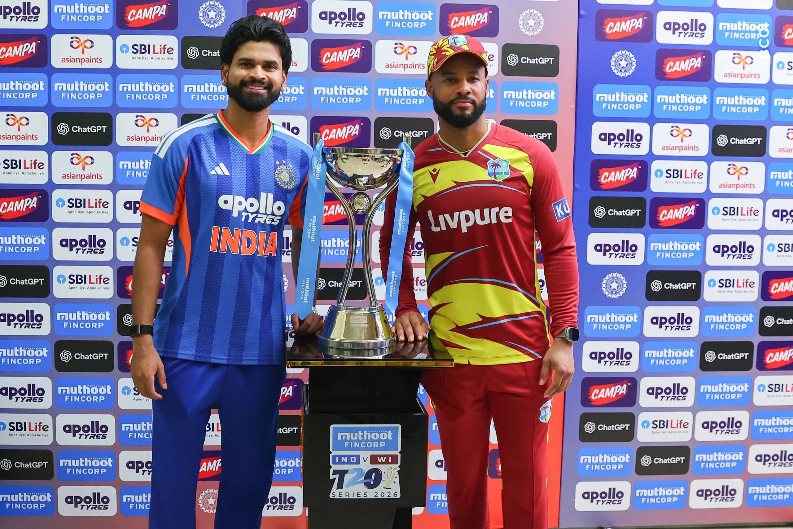 Shreyas Iyer of India and Shai Hope of West Indies with the series trophy after the 5th T20I match between India and West Indies at the M.Chinnaswamy Stadium, Bengaluru, India on October 17, 2026.Photo: Pankaj Nangia / CREIMAS for BCCI