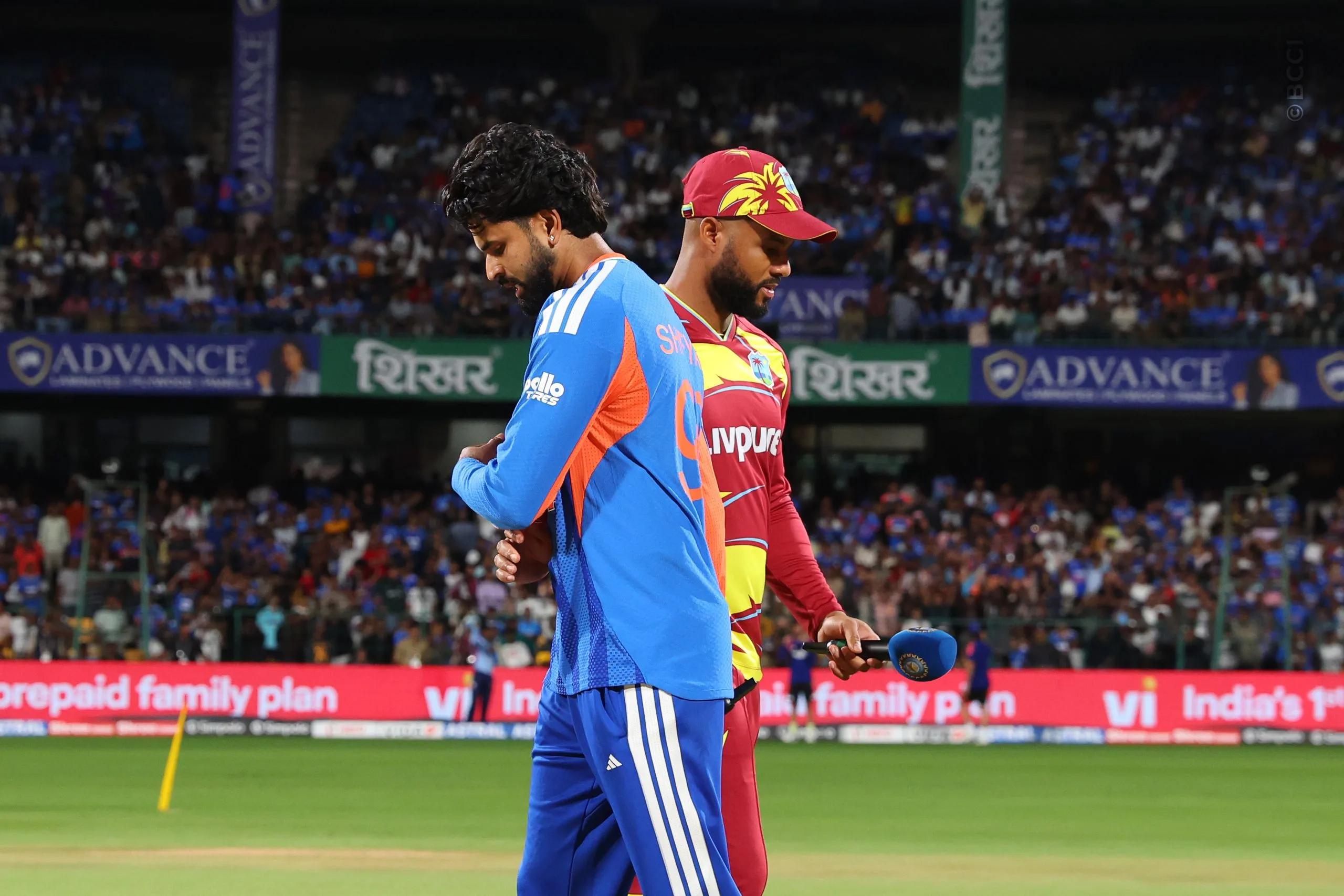 Shreyas Iyer of India and Shai Hope of West Indies at the toss during the 5th T20I match between India and West Indies at the M.Chinnaswamy Stadium, Bengaluru, India on October 17, 2026.

Photo: Pankaj Nangia / CREIMAS for BCCI