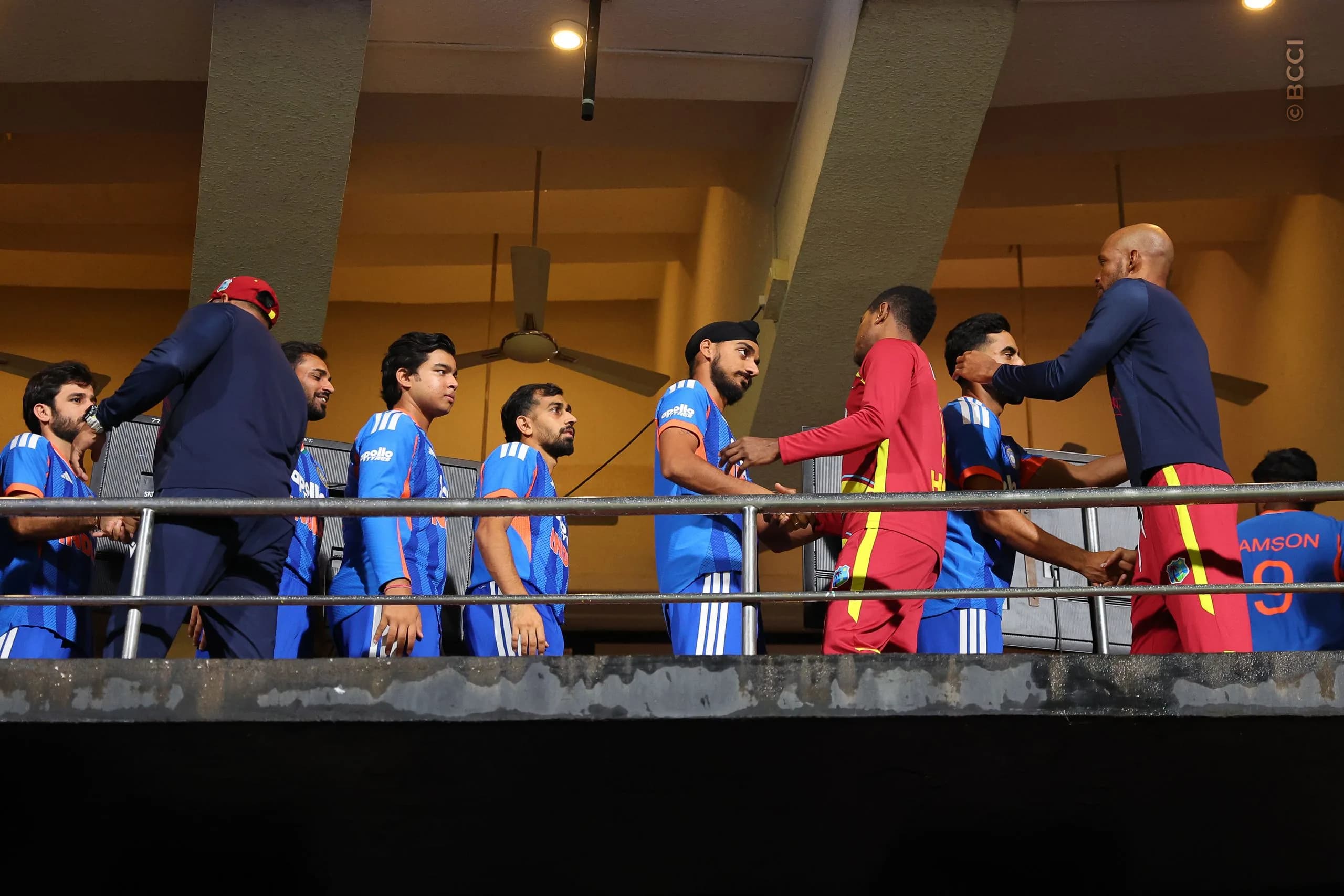 Players of India and West Indies shakes hands after the match called off due to rain during the 5th T20I match between India and West Indies at the M.Chinnaswamy Stadium, Bengaluru, India on October 17, 2026.Photo: Pankaj Nangia / CREIMAS for BCCI