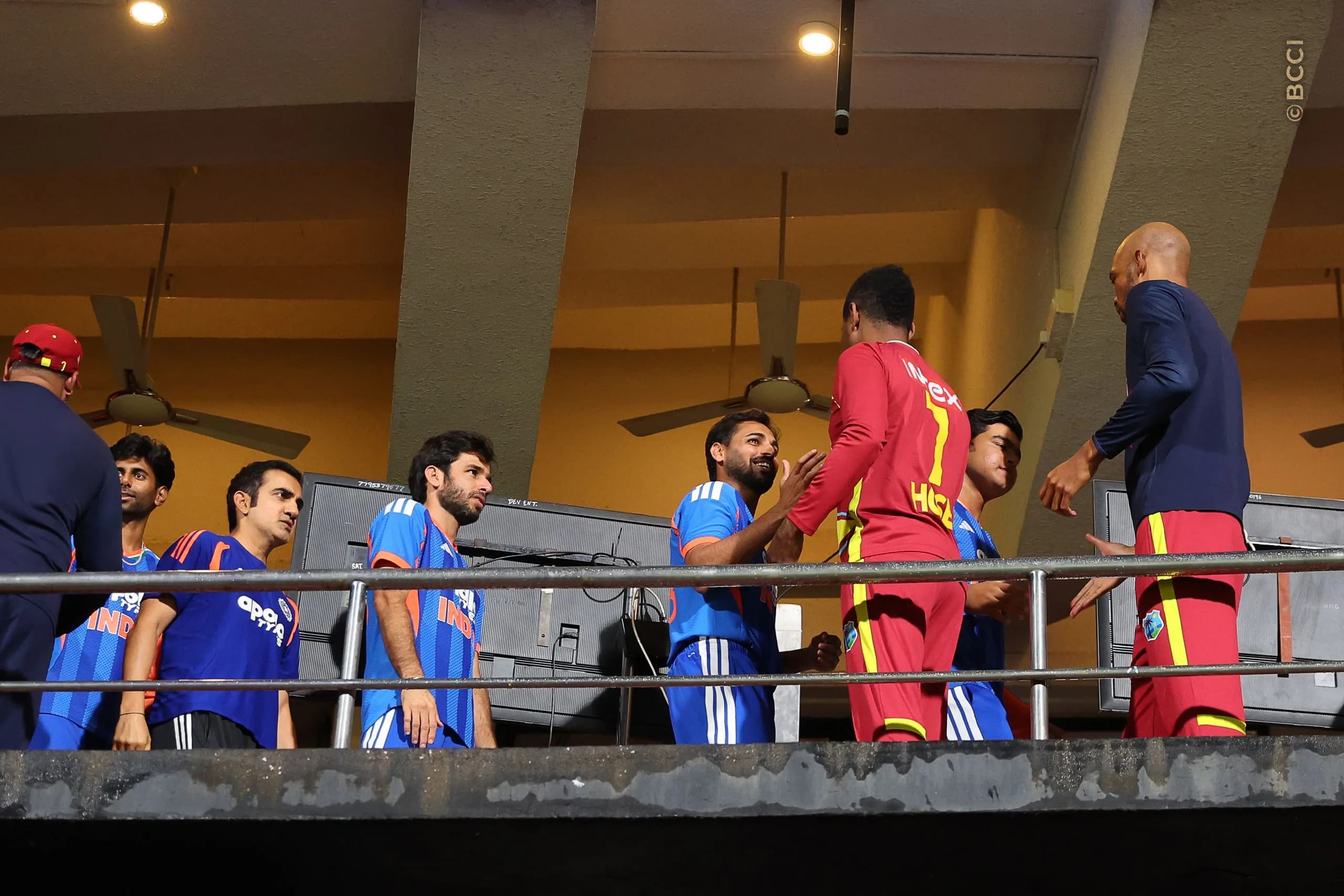 Players of India and West Indies shakes hands after the match called off due to rain during the 5th T20I match between India and West Indies at the M.Chinnaswamy Stadium, Bengaluru, India on October 17, 2026.Photo: Pankaj Nangia / CREIMAS for BCCI