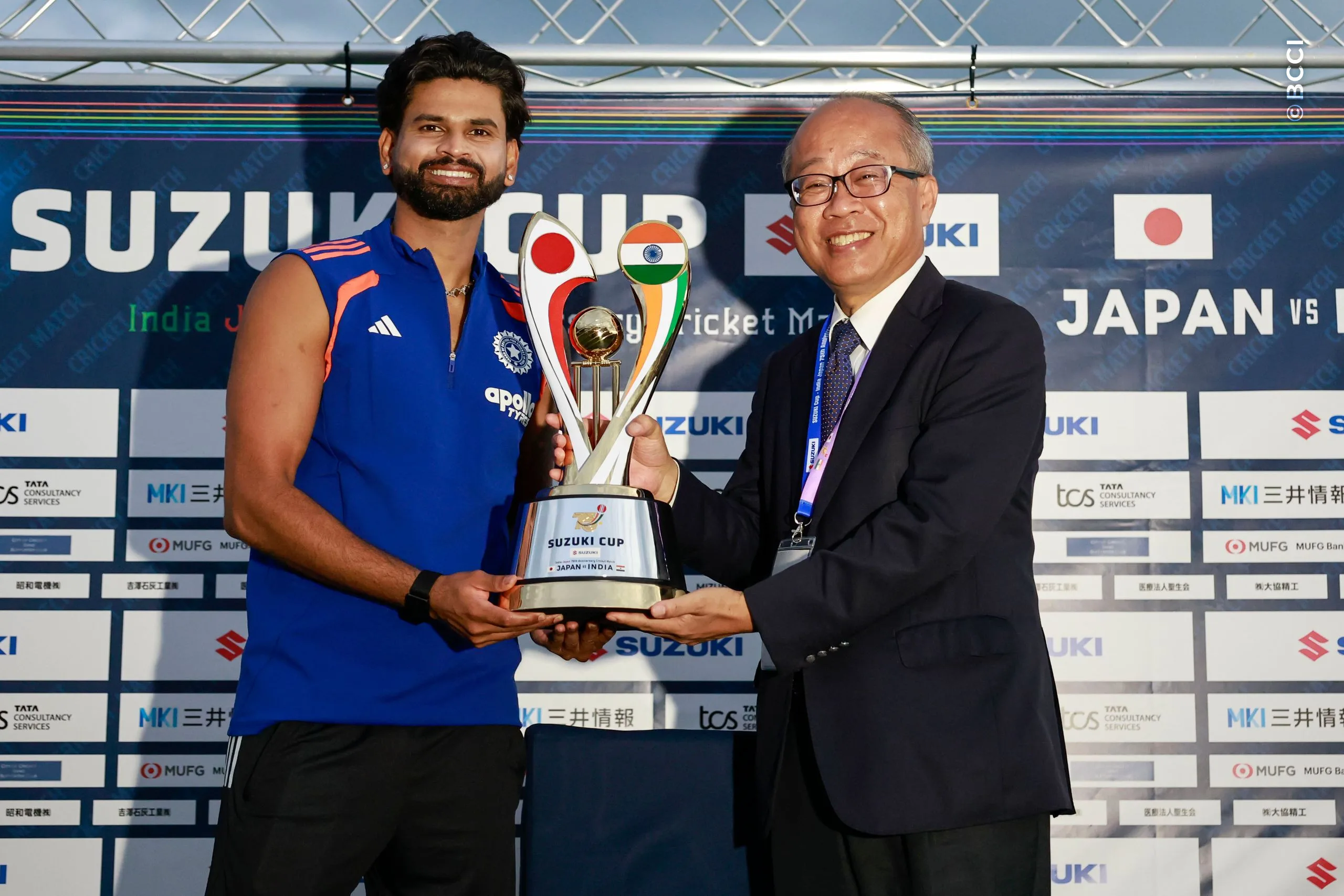 Shreyas Iyer of India receives winning trophy during the presentation of the Only T20I match between Japan and India at Sano Cricket Ground, Sano, Japan, on September 22, 2026.

Photo:  Deepak Malik / CREIMAS for BCCI